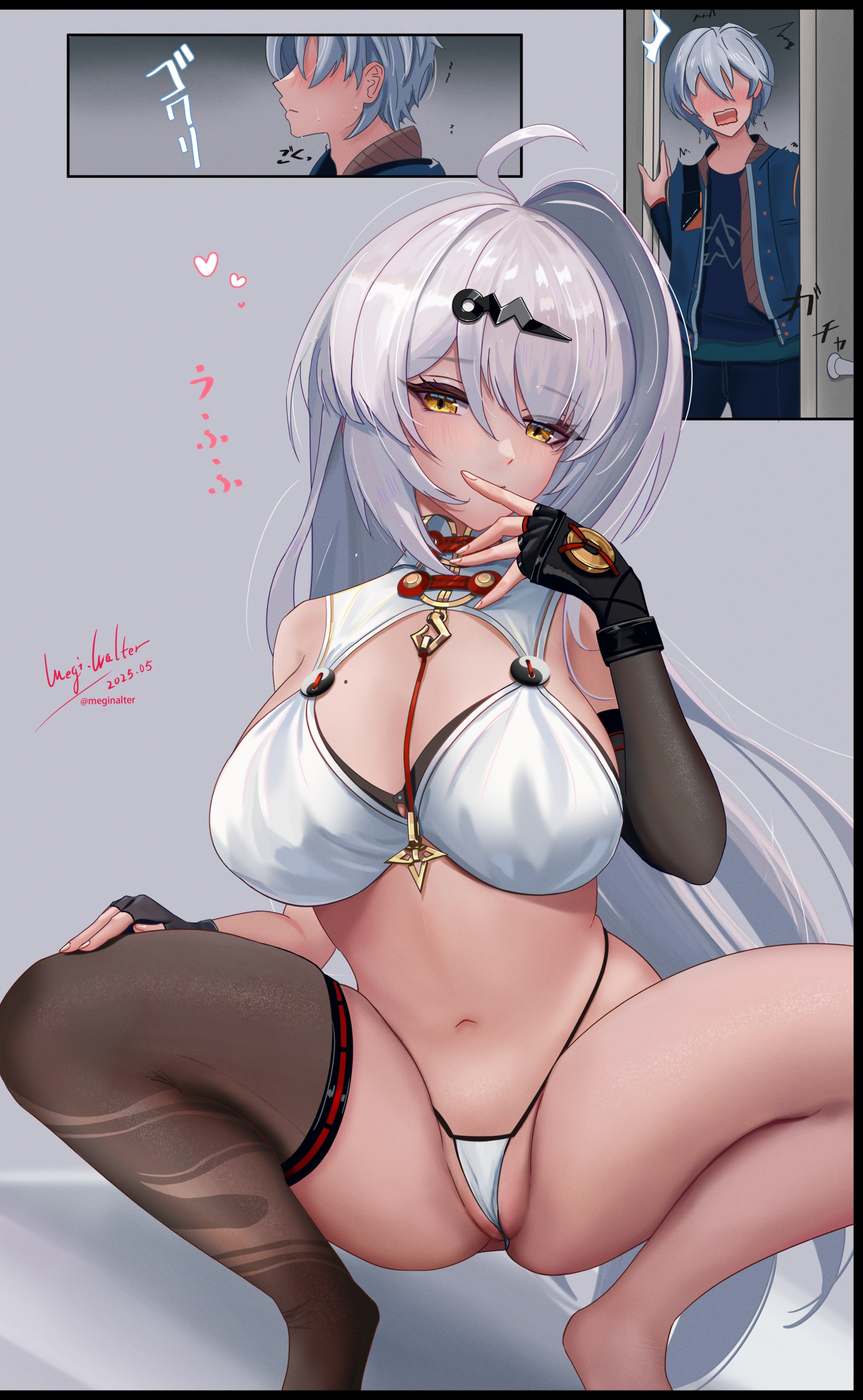 meginalter, silver hair, squatting, string panties, tagme, wise (zenless zone zero), yixuan (zenless zone zero), zenless zone zero