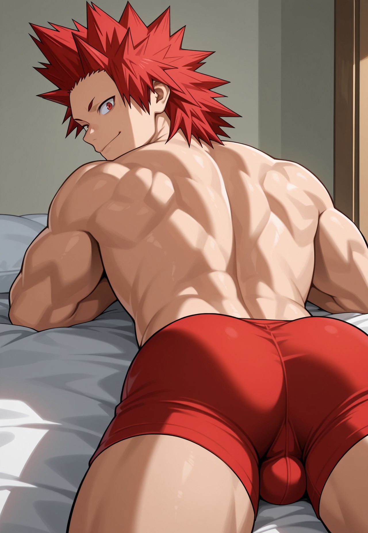 1boy, ai generated, arm support, ass, boku no hero academia, boxer briefs, boxer briefs only, bsky link, bulge, civitai, dvxxxgrai, eijirou kirishima, gay, illustrious (stable diffusion), kirishima eijirou, lying on bed, male, male only, male underwear, my hero academia, navel, nude, on stomach, red boxer briefs, red male underwear, red underwear, smile, solo, solo male, tagme, twitter link, underwear, underwear only, yaoi