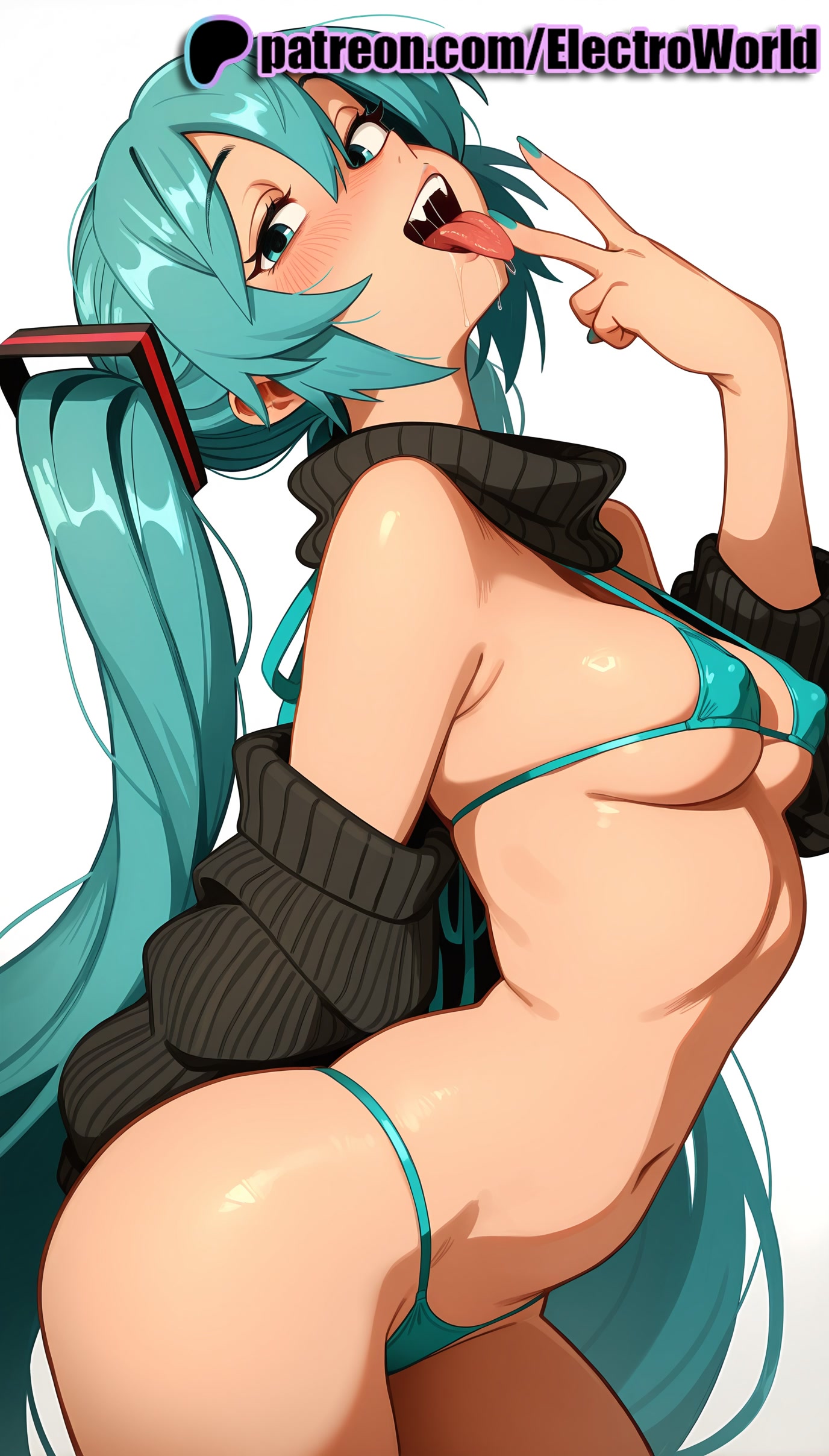 1girl, 1girls, 2025, ai generated, aqua bikini, aqua eyes, aqua hair, aqua nails, arched back, artist name, bare shoulders, bikini, blue nails, blush, breasts, bust, chest, covered nipples, detached sleeves, electroworld, female, from side, green bikini, hatsune miku, hi res, high quality, high resolution, highres, long hair, looking at viewer, medium breasts, micro bikini, nail polish, navel, open mouth, patreon, patreon username, saliva, simple background, solo, stable diffusion, sweater, swimsuit, teeth, tongue, tongue out, twintails, v, very long hair, vocaloid, watermark, white background