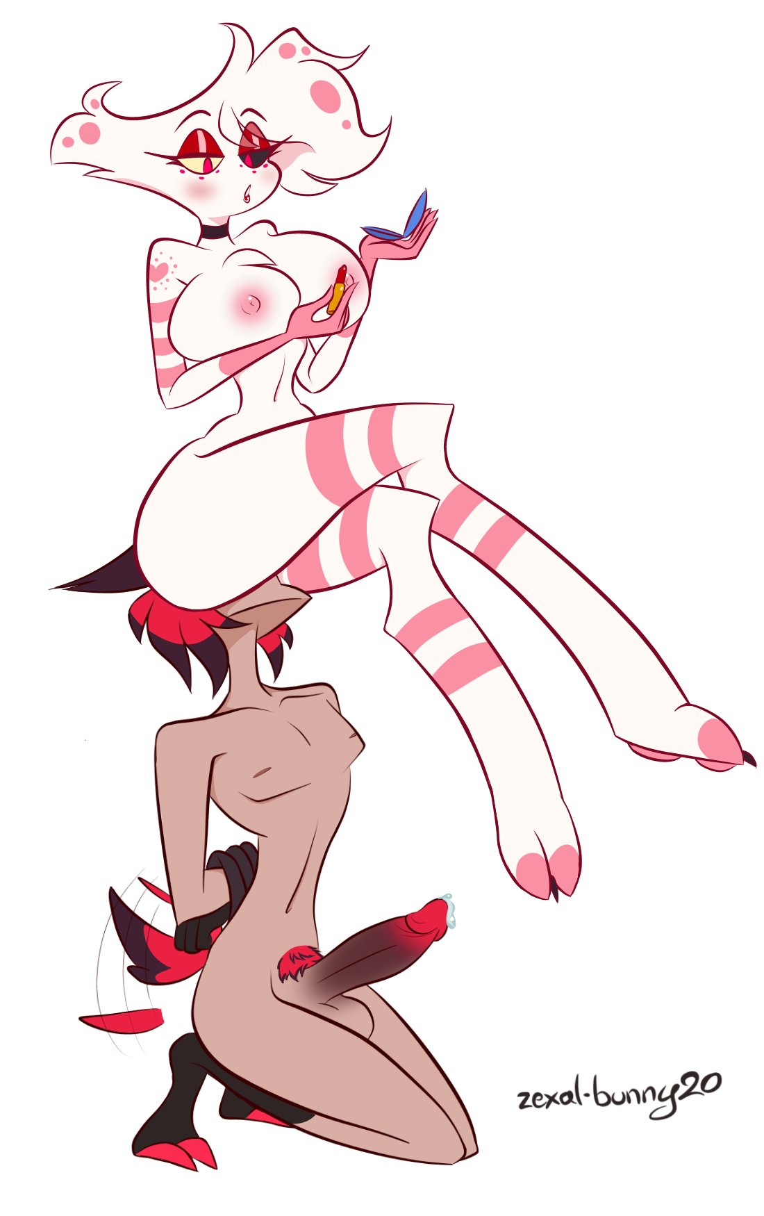 alastor (hazbin hotel), angel dust (hazbin hotel), facesitting, hazbin hotel, male, male villain, mtf transformation, tagme, transformation, zexal-bunny20