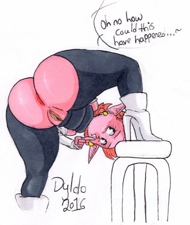 2016, anus, ass, black eyes, chronoa, clothed, clothing, core person, dragon ball, dragon ball heroes, dragon ball xenoverse, dyldo, earrings, female, finger on lip, foot up, goddess, high heels, pink hair, pointy ears, potara earrings, pussy, short hair, shortstack, shushing, solo, spread legs, stool, torn clothes, vagina