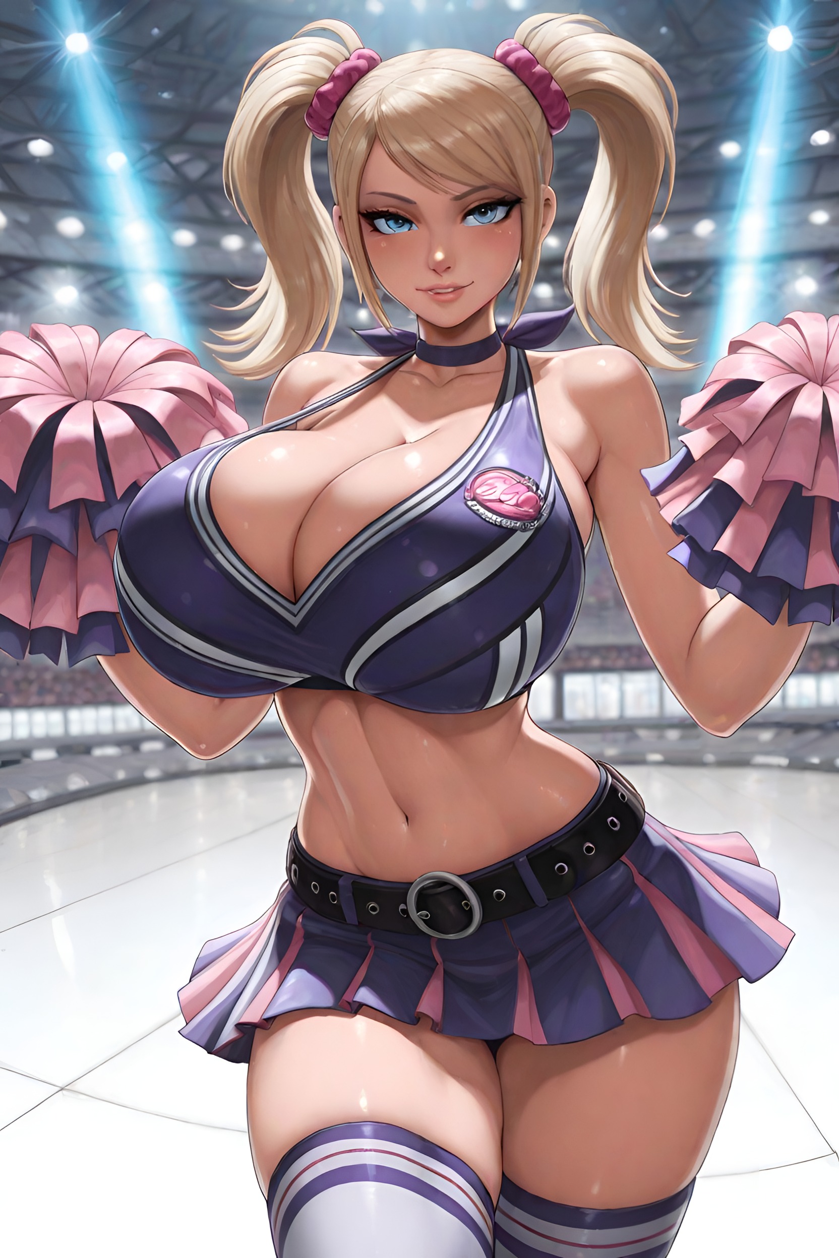 ai generated, big breasts, breasts, cheerleader, curvy figure, female, juliet starling, lollipop chainsaw, t1g3rbl00d, voluptuous female