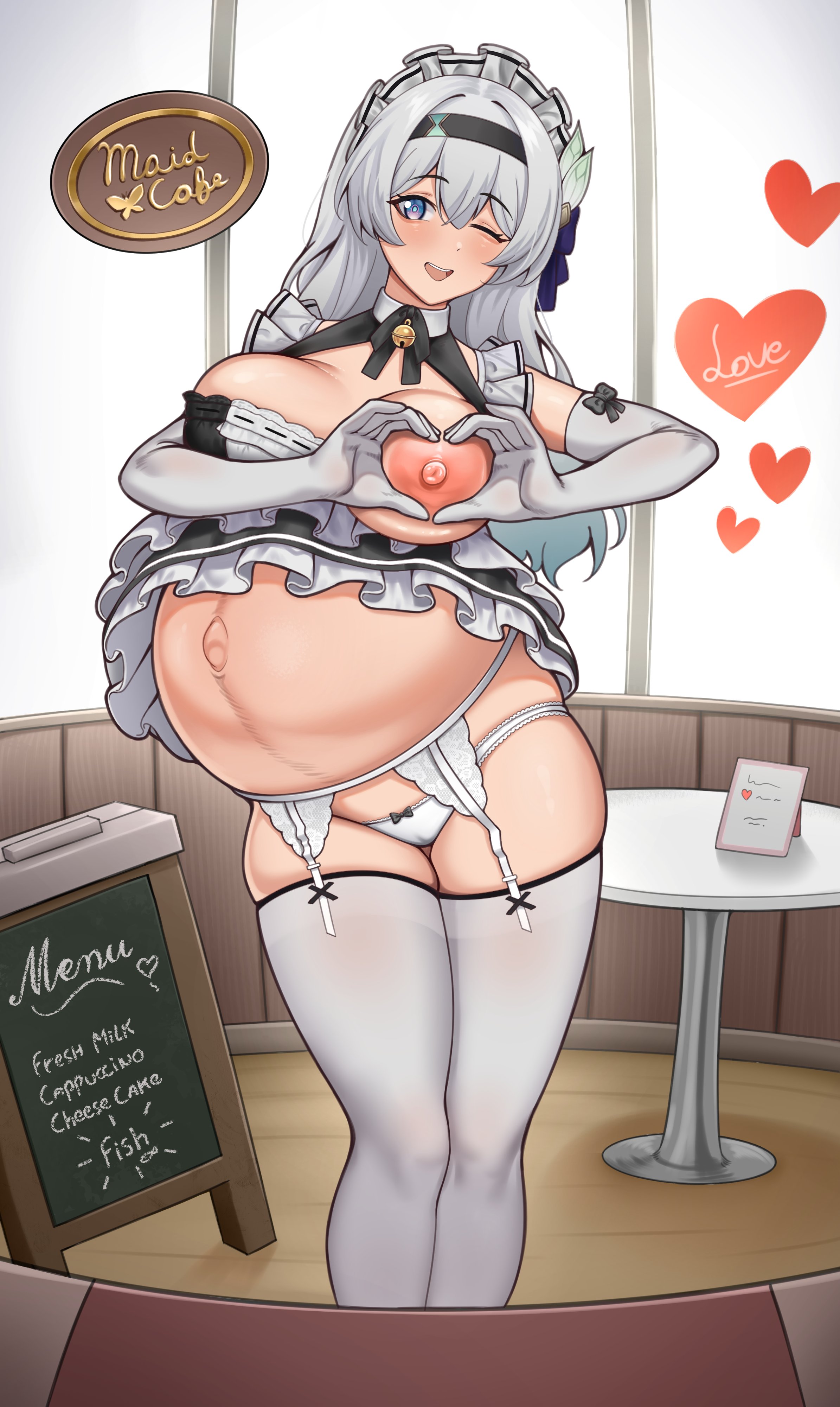 1girls, female, firefly (honkai: star rail), heart symbol, honkai: star rail, maid cafe, maid outfit, pregnant, ready to pop