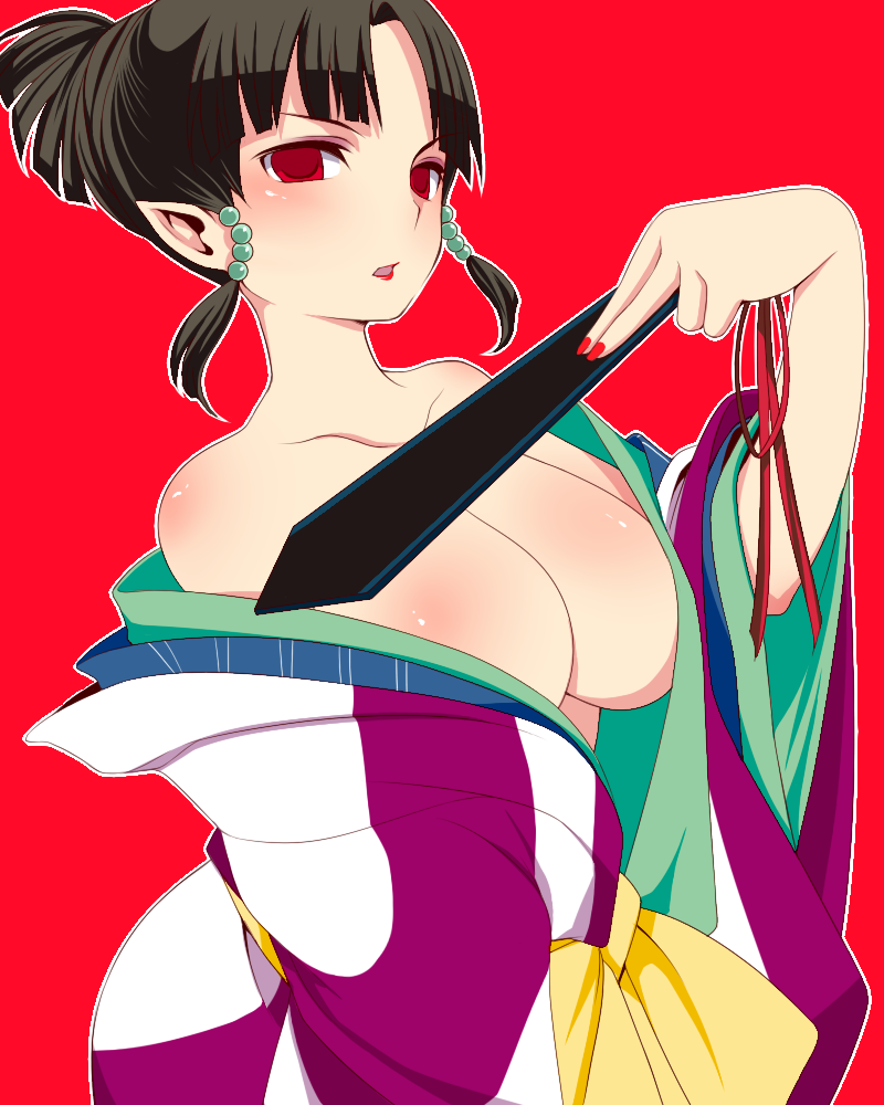 1girls big_breasts black_hair breasts cleavage clothed clothes earrings fan female female_only inuyasha k_(artist) kagura_(inuyasha) kimono large_breasts lipstick nail_polish open_clothes pointy_ears red_background red_eyes short_hair sidelocks solo