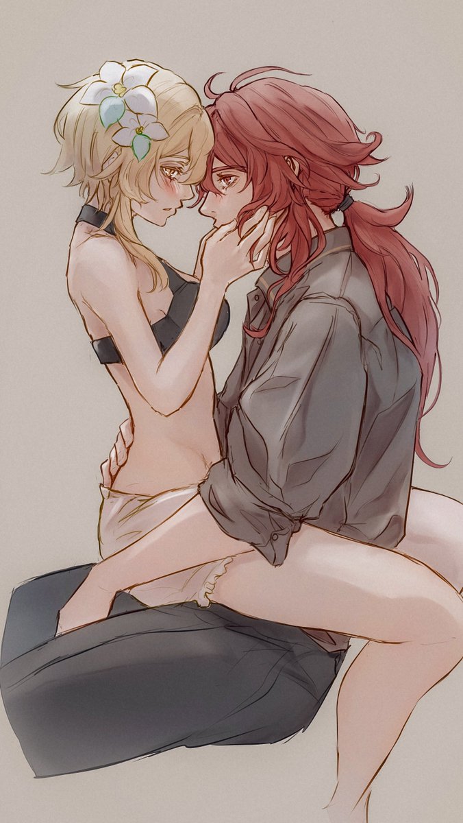 blonde hair, breasts, couple, diluc (genshin impact), female, genshin impact, hoyoverse, loving couple, lumine (genshin impact), male, red eyes, red hair, video game, video game character, video games
