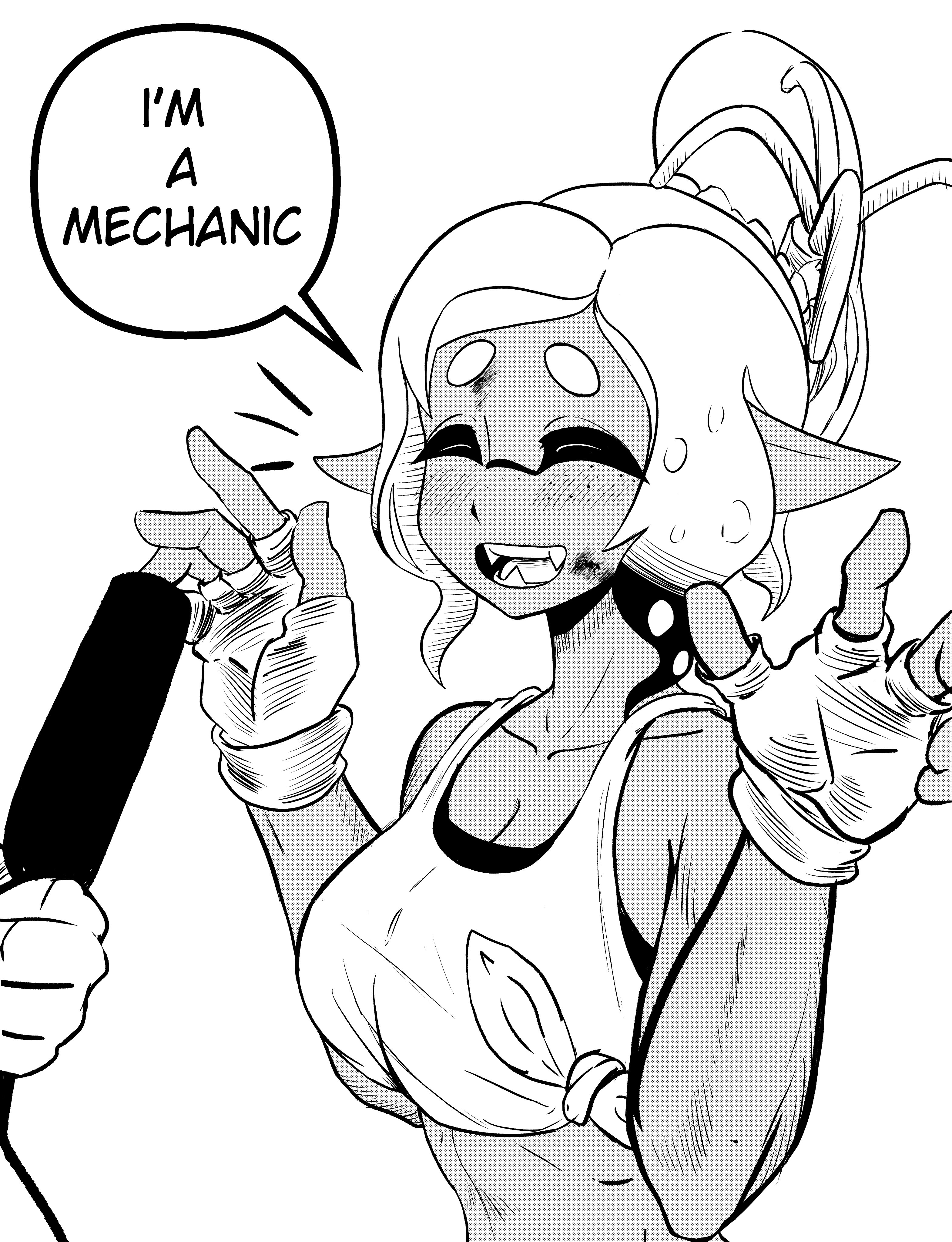 breasts, cleavage, closed eyes, english text, female, freckles, freckles on face, gloves, greyscale, inkling, mechanic (splatoon raiders), microphone, moodyrover, nintendo, open mouth, pointy ears, splatoon, splatoon (series), splatoon raiders, tentacle hair