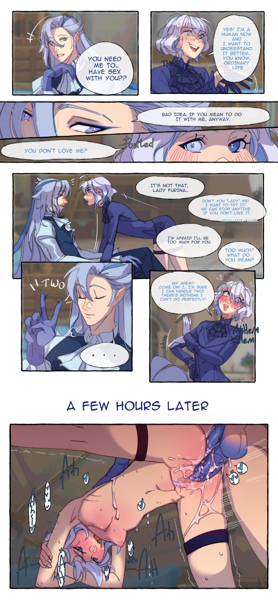 1boy, 1boy1girl, 1girl, 1girls, blue eyes, blue hair, blush, blush lines, blushing, couple, diphallism, doggy style, female, furina (genshin impact), genshin impact, grey hair, hoyoverse, loving couple, male, moaning, neuvillette (genshin impact), sex, white hair