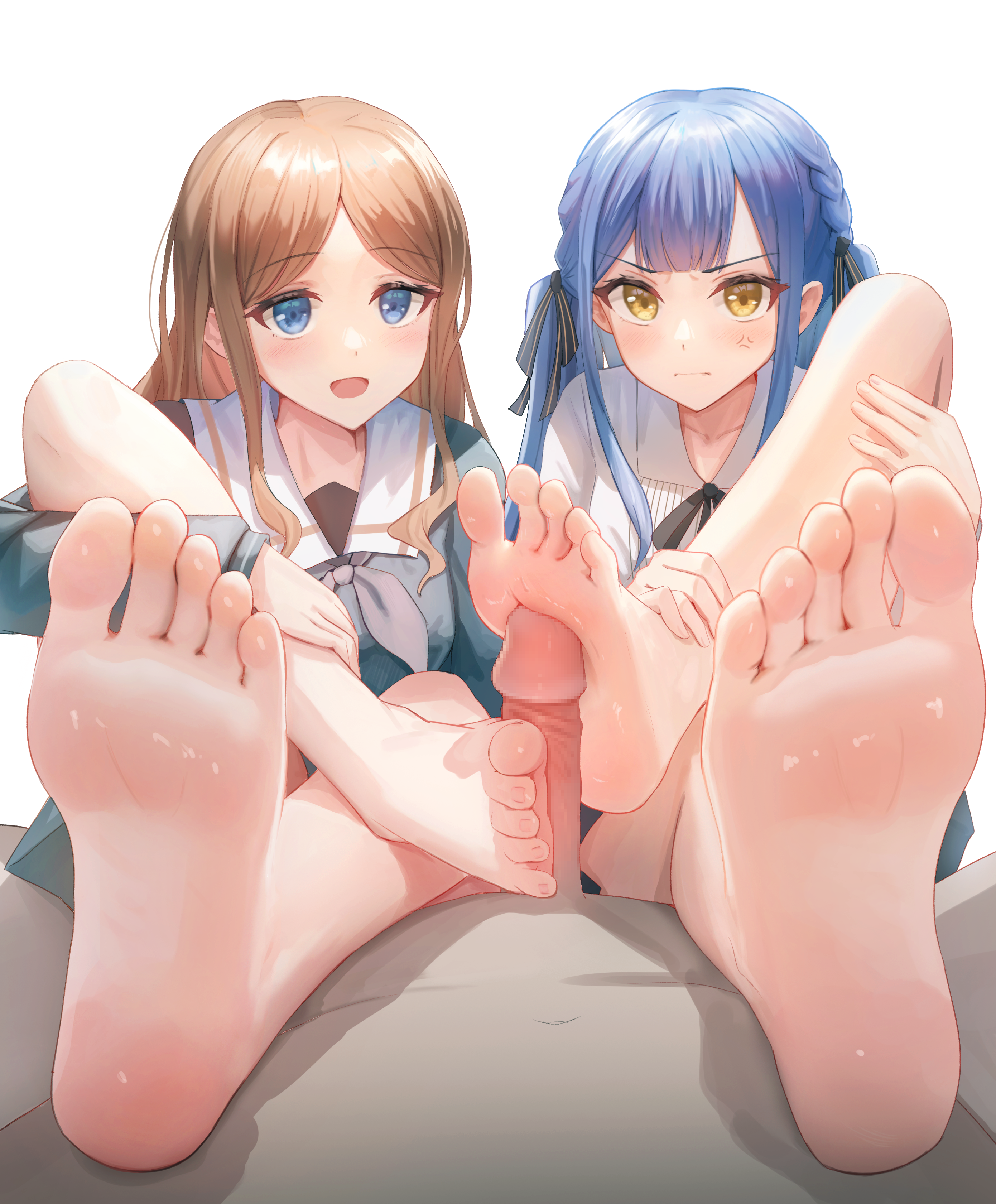1boy, 2girls, absurdres, anger vein, bang dream!, barefoot, blue eyes, blue hair, blush, brown hair, feet, female, ffm threesome, foot fetish, footjob, highres, long hair, looking at viewer, male, multiple females, multiple girls, nagasaki soyo, open mouth, pov, soles, taichi suzuki, toes, togawa sakiko, twintails, yellow eyes