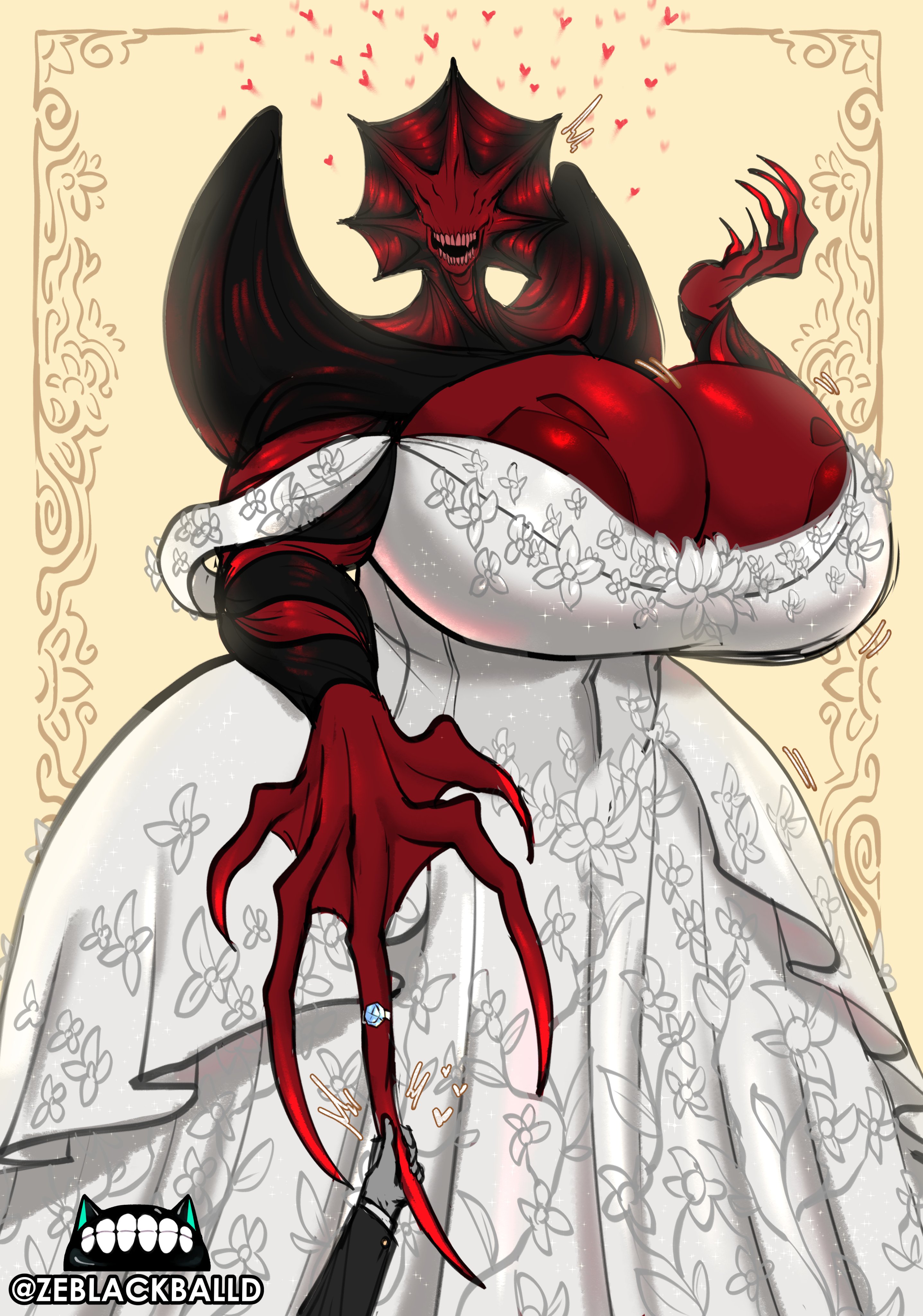 1boy, 1girls, areola slip, areolae, artistic background, big breasts, braless, breasts, breasts bigger than head, breasts bigger than torso, bride, bursting breasts, claws, cleavage, cute, dress, eyeless, female, giantess, gigantic breasts, heart, heart symbol, hearts around head, hi res, holding hands, huge breasts, larger female, love, male, marriage, membrane (anatomy), monster, monster girl, navel, nightmare waifu, nipple slip, nipples, no bra, no eyes, original, overflowing breasts, puffy areola, puffy nipples, red body, ring, romance, romantic, romantic couple, sharp teeth, skindentation, smaller male, smile, spikes, spikes (anatomy), taller female, the gore bride (zeblackballd), thick thighs, venus body, voluptuous, voluptuous female, webbed hands, wedding dress, wedding ring, wholesome, wide hips, ze blackball.d, zeblackballd (artist)