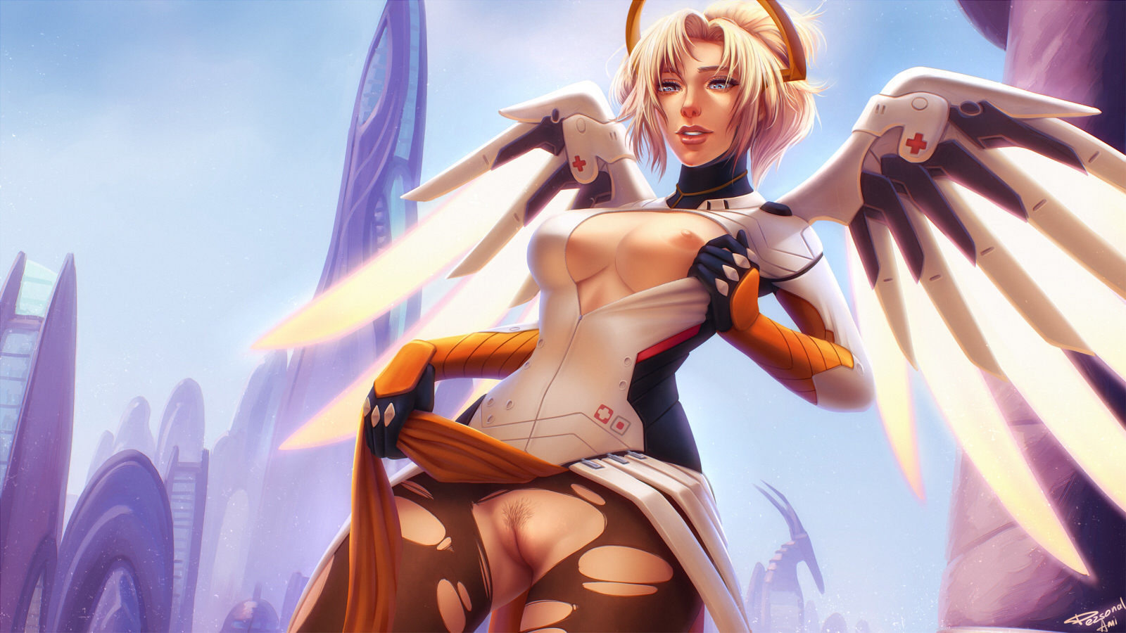 1girls, areolae, armor, blizzard entertainment, blonde hair, blue eyes, bottomless loincloth, breasts, cleavage, crotchless, erect nipples, female, female only, human, loincloth, loincloth lift, long hair, looking at viewer, looking down, medium breasts, mercy, nipples, one breast out, overwatch, pantyhose, personalami, ponytail, pubic hair, pussy, solo, standing, text, tied hair, torn clothes, torn pantyhose, uncensored, wings