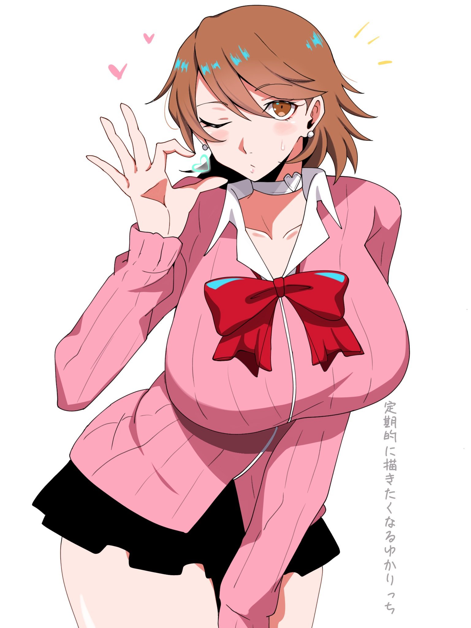 1girls, black skirt, blush, bow, bowtie, breasts, brown eyes, brown hair, cardigan, choker, closed mouth, collarbone, collared shirt, commentary, cowboy shot, earrings, female, gekkoukan high school uniform, hand up, heart, heart choker, highres, huge breasts, jewelry, long sleeves, looking at viewer, maz 515, miniskirt, notice lines, one eye closed, pearl earrings, persona, persona 3, pink cardigan, pleated skirt, red bow, red bowtie, ribbed cardigan, school uniform, shirt, short hair, simple background, skirt, solo, stud earrings, sweatdrop, thighs, translation request, white background, white choker, white shirt, yukari takeba