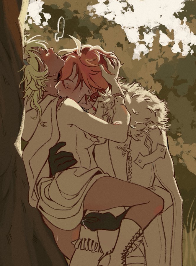 childe (genshin impact), clothed, clothed sex, couple, female, female focus, female penetrated, fingering, fingering partner, genshin impact, hoyoverse, loving couple, lumine (genshin impact), male, outdoor sex, outdoors, tartaglia (genshin impact)