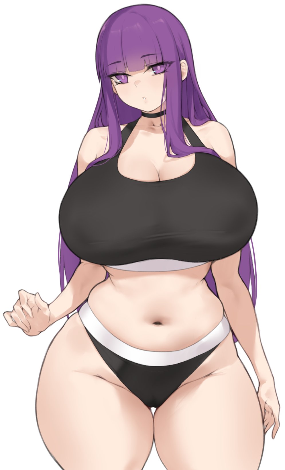 ass, ass visible through thighs, aster crowley, breasts, choker, curvy, duplicate, expressionless, female, fern (sousou no frieren), huge ass, huge breasts, looking at viewer, navel, nipple outline, no nostrils, plump, sousou no frieren, sports bra, thick thighs, voluptuous, wide hips