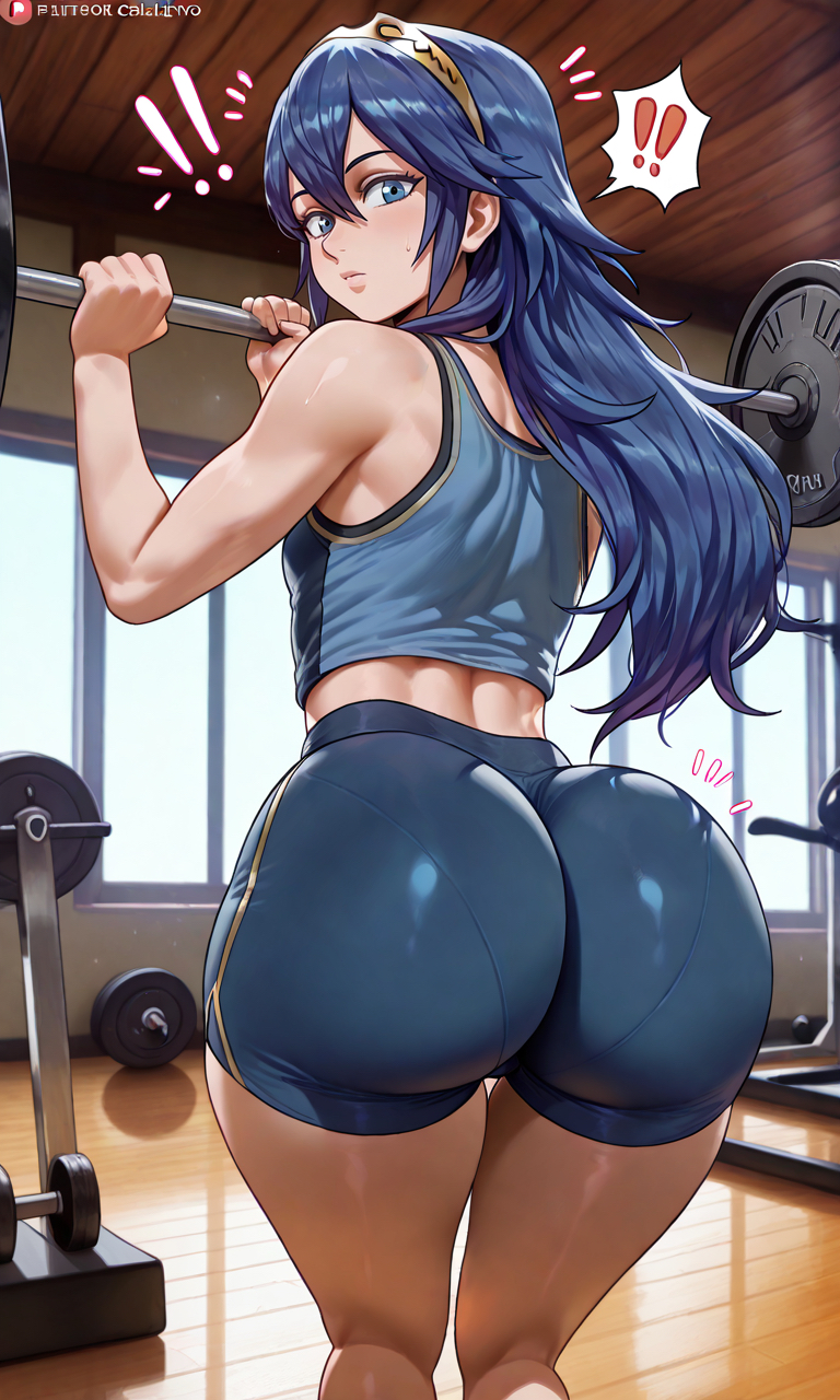 1girls, ai generated, ass, blue hair, bubble ass, bubble butt, female, fire emblem, gym, gym clothes, gym shorts, gym uniform, huge ass, lucina (fire emblem), pixelsin, shorts, solo, working out