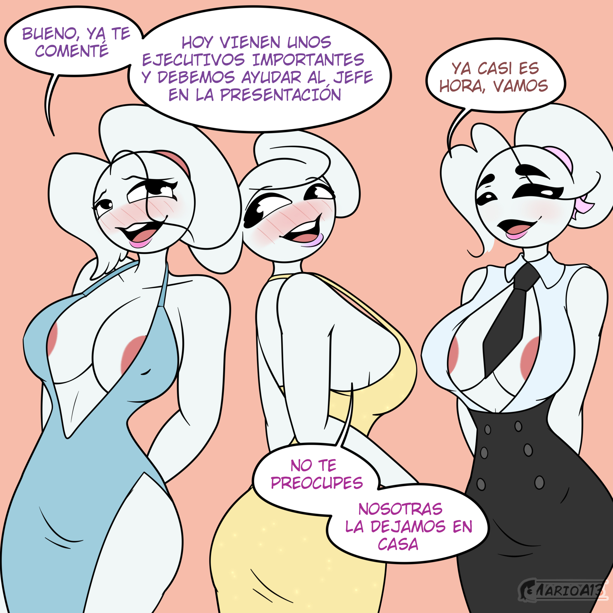 3girls, ass, big ass, big breasts, blush, blush lines, breasts, carla, carla en la oficina, carla in the office, comic panel, dress, female, female only, karla, marioa13, office lady, spanish, spanish dialogue, spanish text, stickman, stickwoman