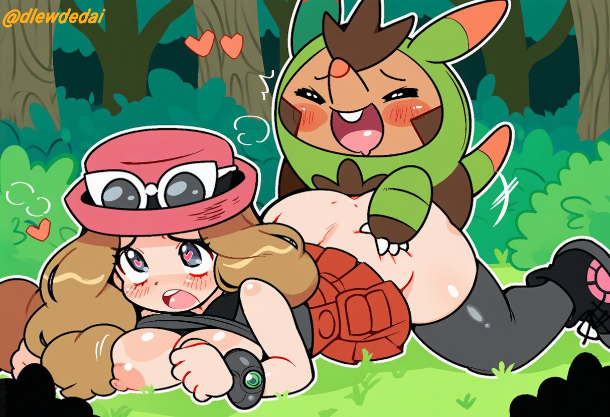 1boy, 1girls, ai assisted, ai generated, dlewdedai, heart-shaped pupils, pokemon, pokephilia, quilladin, serena (pokemon), size difference