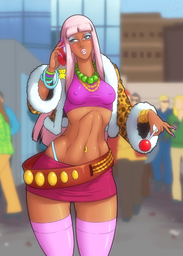 1girls, 2d, androgynous, belly, bimbo, breasts, candy, cellphone, dark skin, dark-skinned female, demien, eyeshadow, female, ganguro, gyaru, hourglass figure, lipstick, makeup, solo, thong