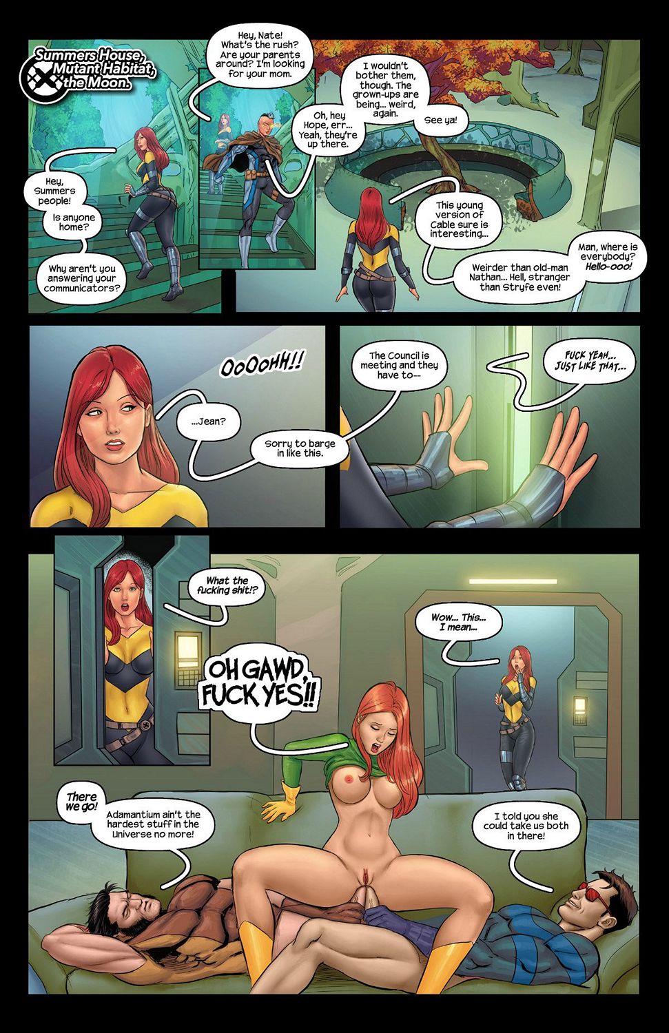 anal big breasts breasts_out brown_hair cable_(x-men) caught caught_in_the_act closed_eyes cowgirl_position cyclops_(x-men) double_anal hope_summers james_howlett jean_grey marvel marvel_comics marvel_girl nathan_summers pussy red_hair scott_summers thomas_cocksmith tracyscops wolverine_(x-men) x-men