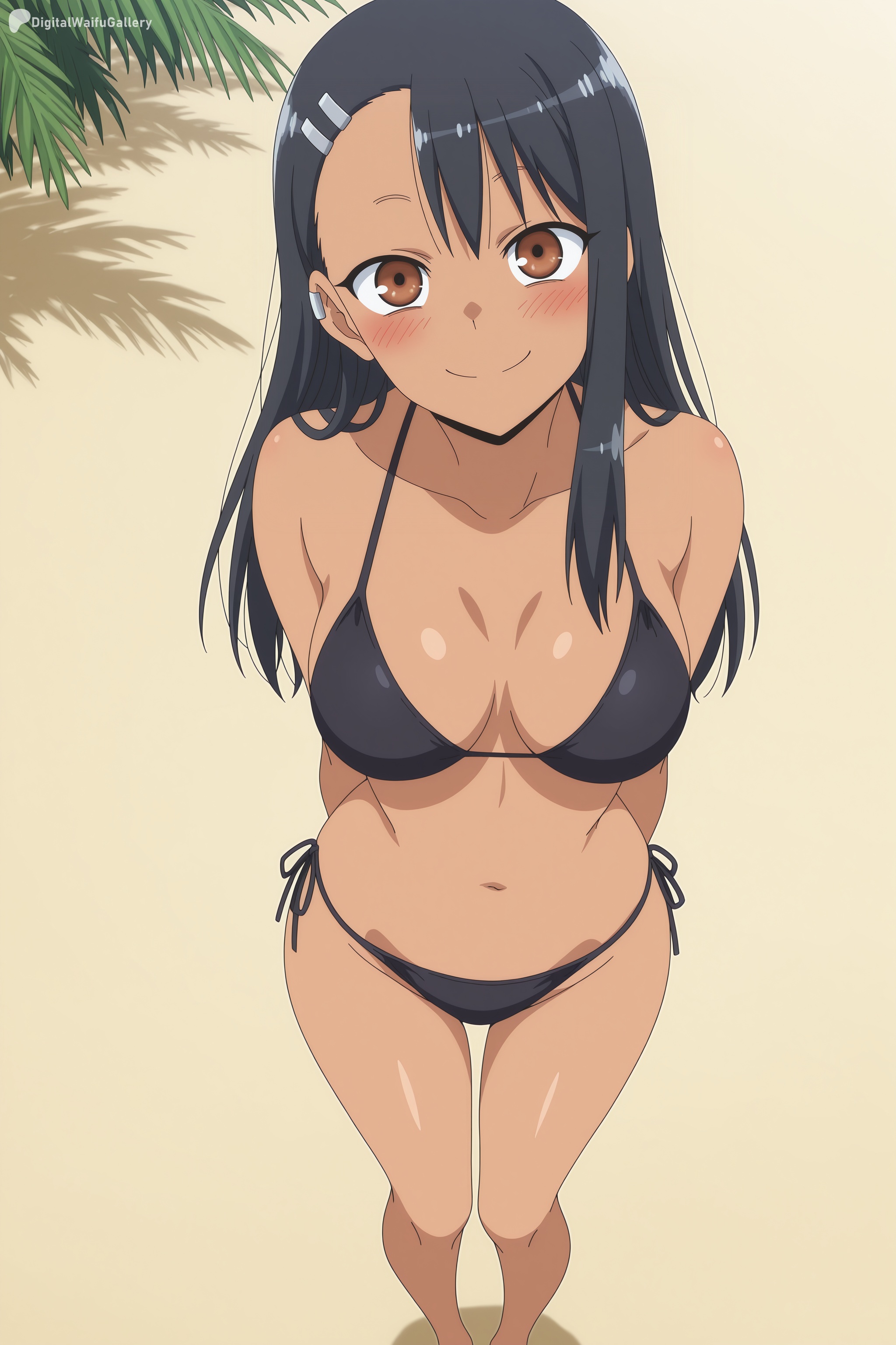 1girl, ai generated, arms behind back, asymmetrical bangs, barefoot, beach, bikini, black bikini, black hair, blush, breasts, brown eyes, closed mouth, collarbone, dark skin, dark-skinned female, digitalwaifugallery, ear piercing, earclip, from above, hair ornament, hairclip, halterneck, hayase nagatoro, hi res, high quality, high resolution, long hair, looking at viewer, medium breasts, navel, outdoors, patreon, piercing, please don't bully me, nagatoro, seductive, sexy, side-tie bikini bottom, smile, solo, standing, string bikini, swimsuit, tan, twitter username, uncensored, watermark