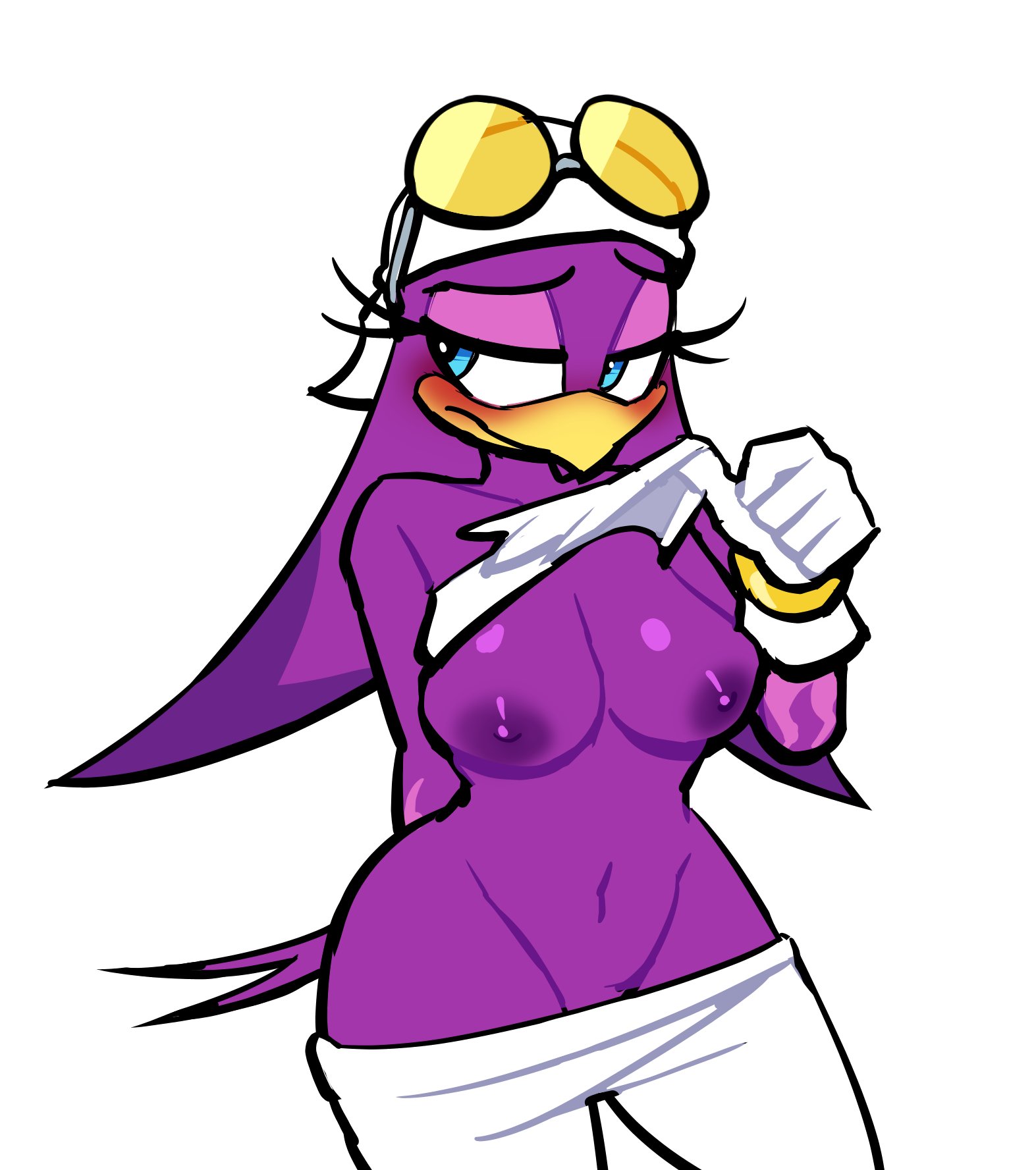 1girls, 2026, 2d, 2d (artwork), 2d artwork, anthro, areola, areolae, avian, beak, belly, bird, bird girl, blush, blushing, blushing female, blushing profusely, breasts, digital art, digital drawing (artwork), digital media (artwork), female, flashing, flashing breasts, furry, furry female, glasses, glasses on head, lovetopullmicke, mobian, mobian (species), nipples, oscine, pants down, passerine, purple feathers, sega, solo, sonic (series), sonic riders, sonic the hedgehog (series), sunglasses, sunglasses on head, swallow (bird), tagme, wave the swallow