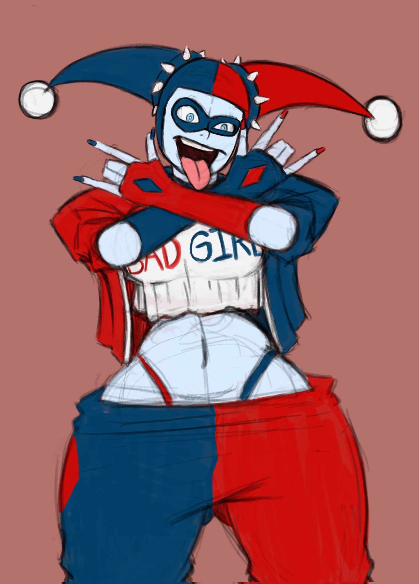 1girls, batman (series), belly, belly button, blue eyes, breasts, busty, clothed, clothed female, clothing, clown, clown girl, crop top, curvy, curvy figure, dc, dc comics, exposed midriff, female, female focus, female only, fingerless gloves, fingernail polish, harley quinn, harley quinn (classic), hips, jacket, jester, jester hat, midriff, midriff baring shirt, mouth open, navel, open mouth, painted nails, pants, pose, posing, punk, punk girl, punk harley quinn (superbone), shirt, solo, solo female, solo focus, spiked collar, superbone, thong, thong straps, tongue, tongue out, villainess, voluptuous, white skin