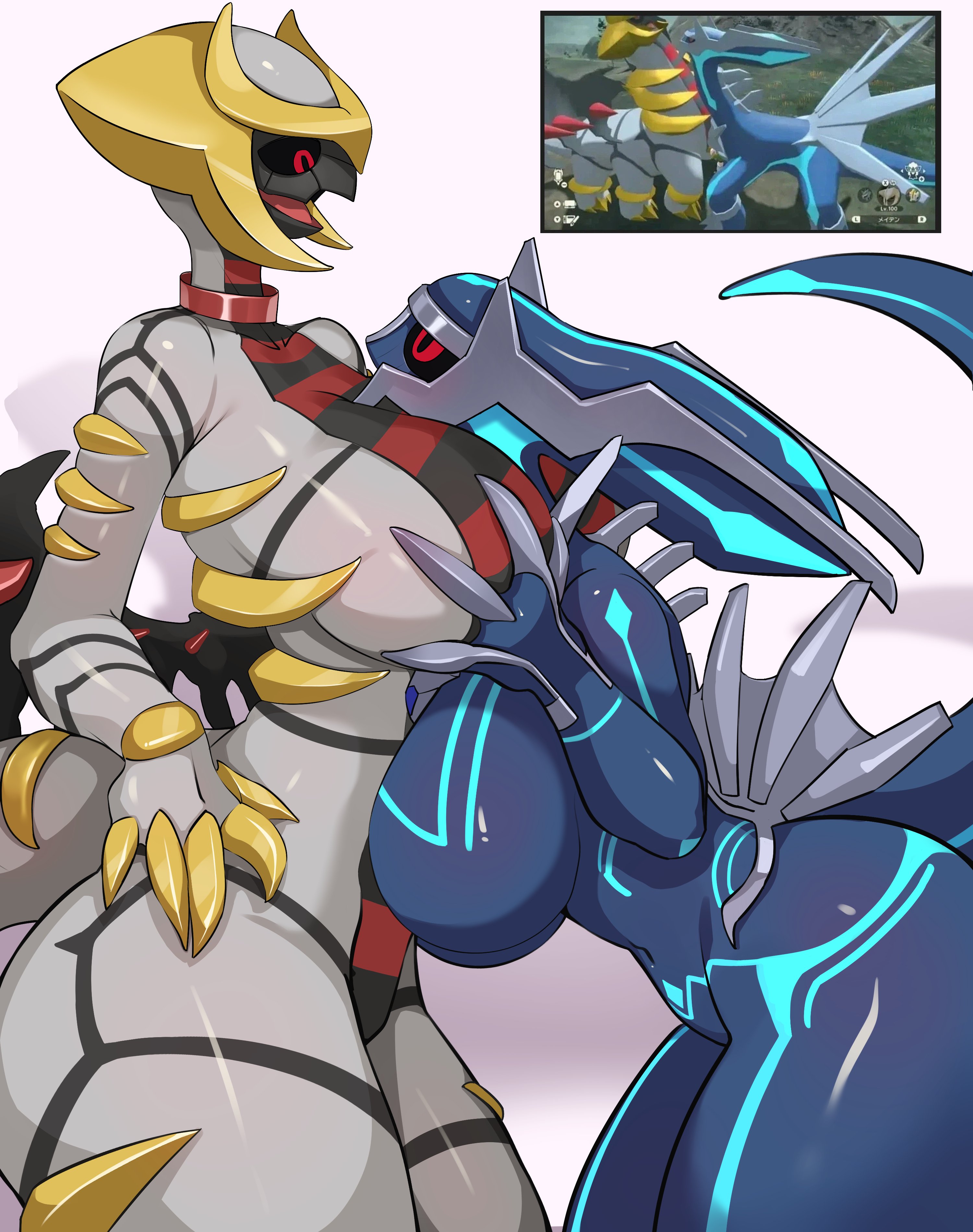 2026, 2girls, absurd res, anthro, big breasts, big thighs, black sclera, breast grab, clawed fingers, dialga, eye contact, female, female only, generation 4 pokemon, giratina, legendary pokemon, nintendo, pokemon, pokemon (species), rachel kaniar24, red eyes, reference image, thick thighs, white background, yuri