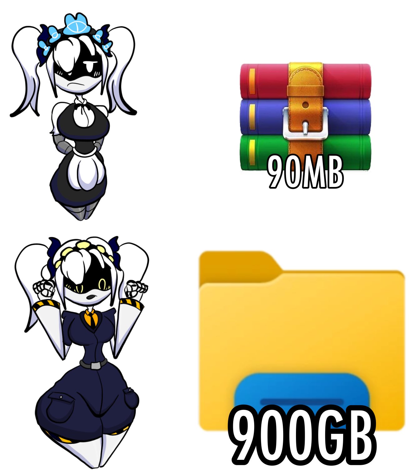 1female, 1girl, breasts, business attire, business suit, business woman, clothed, clothes, curvy, curvy body, curvy female, curvy figure, curvy hips, disassembly drone, female, female focus, female only, girly, glitch productions, j (murder drones), j worker drone, maid, maid apron, maid outfit, maid uniform, meme, meme reference, murder drone, murder drones, pigtails, robot, robot girl, sharkwar, thick thighs, thighs, thighs bigger than head, worker drone