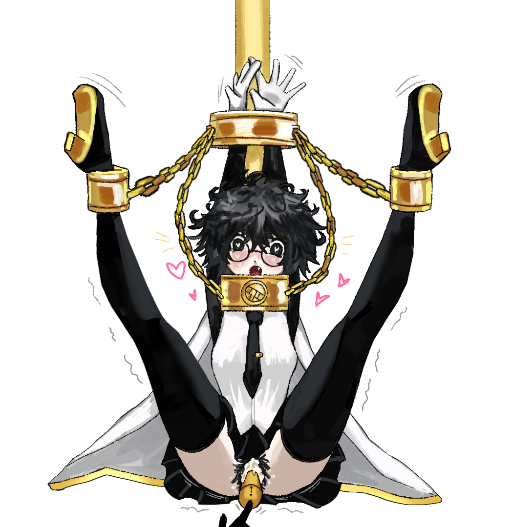 vibrator_in_pussy clothing limbus_company sora_(limbus_company) bondage orgasm digital_drawing_(artwork) chained bound_wrists bound_ankles uncensored no_panties anonymous_artist simple_background female_focus moaning_in_pleasure blushing vibrator thighhighs medium_breasts thighs legs_up legs_apart arms_up anonymous_character 1girl bound bushy_pubes pussy_hair pussy_ejaculation project_moon chained_wrists chained_ankles pole bound_to_pole black_hair black_eyes glasses round_glasses white_background black_thighhighs gold_(metal) sex_toy sex_toy_in_pussy sex_toy_insertion messy_hair covered_breasts clothed_female highres high_heels soft_shading color light-skinned_female