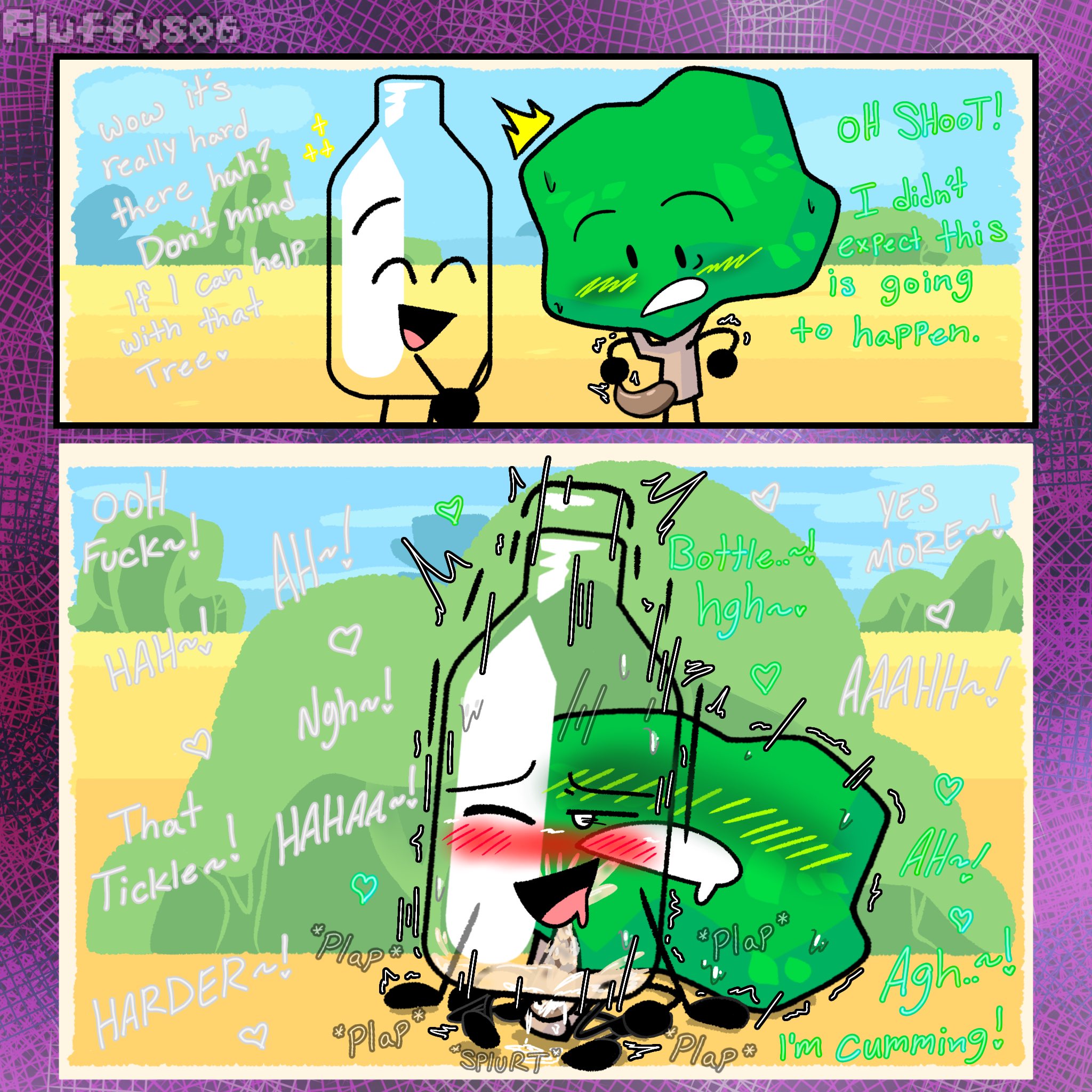 1boy, 1boy1girl, 1girl, 1girls, 2 panel comic, anthro, battle for dream island, boner, bottle (bfdi), bush, closed eyes, cum inside, fuzzy fluffs, instant loss 2koma, looking at penis, object show, object shows, riding, riding dick, riding penis, tentacle penis, tree (bfdi)