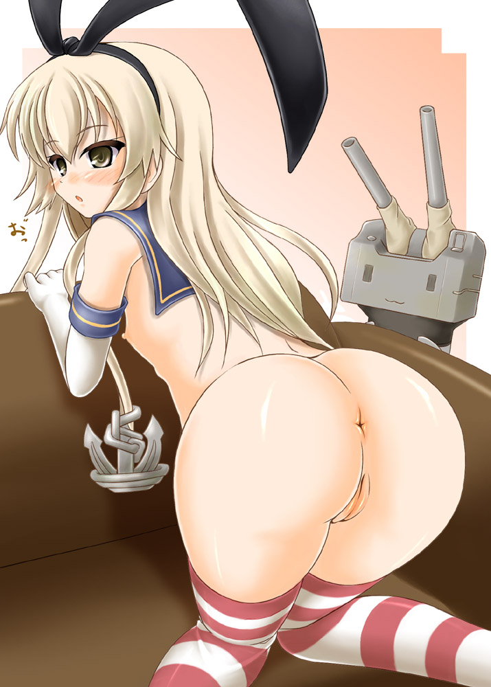 :3 :o anchor anchor_hair_ornament anus ass bent_over blonde_hair blush breasts cannon couch detached_collar elbow_gloves female gloves hair_ornament hair_ribbon kantai_collection katsuragi_niya kneeling long_hair looking_back machinery nipples nude open_mouth pussy rensouhou-chan ribbon robot sailor_collar shimakaze_(kantai_collection) small_breasts striped striped_legwear thighhighs turret uncensored white_gloves ||_||