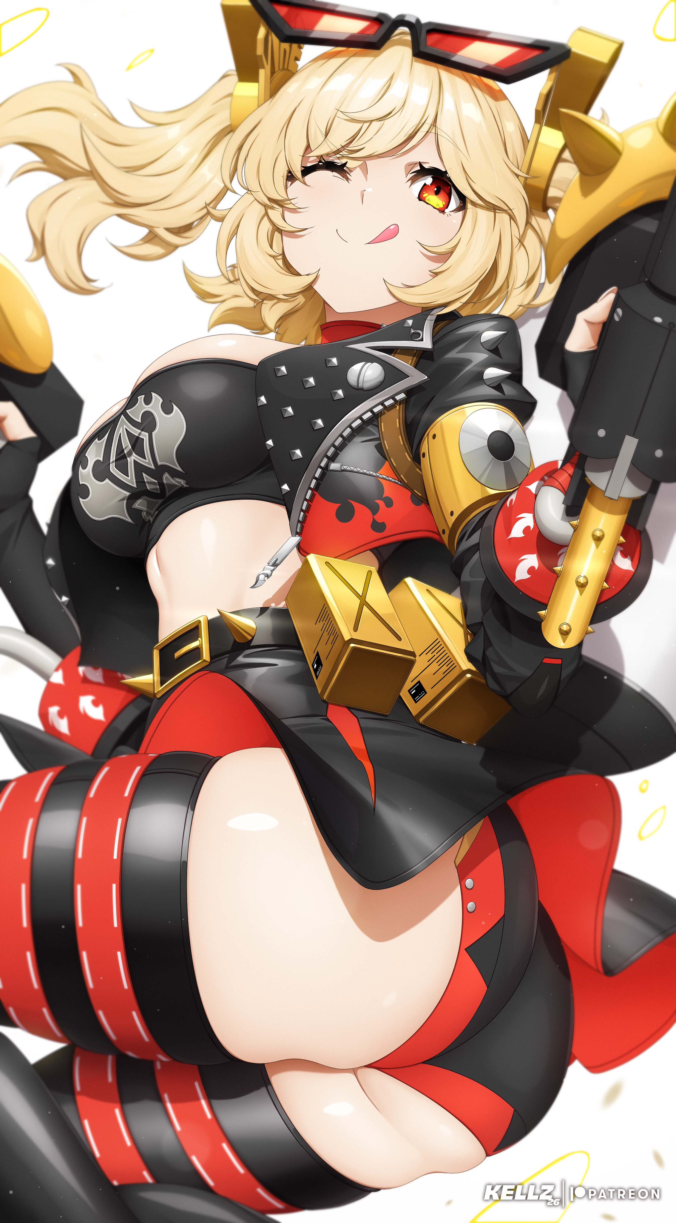 1girl, absurdres, ass, big ass, big butt, black jacket, black skirt, black thighhighs, black tube top, blonde hair, breasts, burnice white, cleavage, crop top, eyewear on head, flamethrower, highres, holding, holding flamethrower, holding weapon, jacket, kellzallday, large breasts, long nails, orange-tinted eyewear, propane tank, red eyes, shorts, shorts under skirt, skirt, smile, solo, spiked belt, strapless, sunglasses, thighhighs, tinted eyewear, tongue, tongue out, tube top, twintails, weapon, zenless zone zero