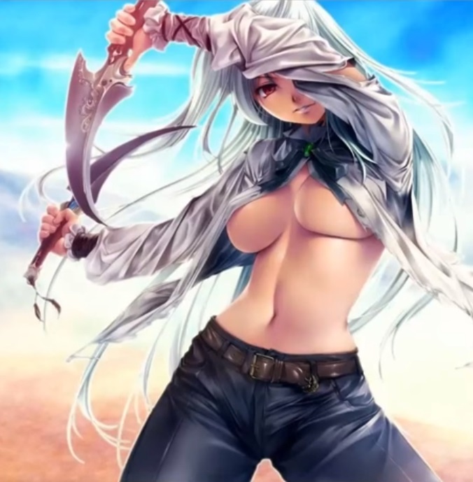 belt breasts dagger female jeans knife long_hair looking_at_viewer navel open_clothes pants rezi underboob weapon white_hair