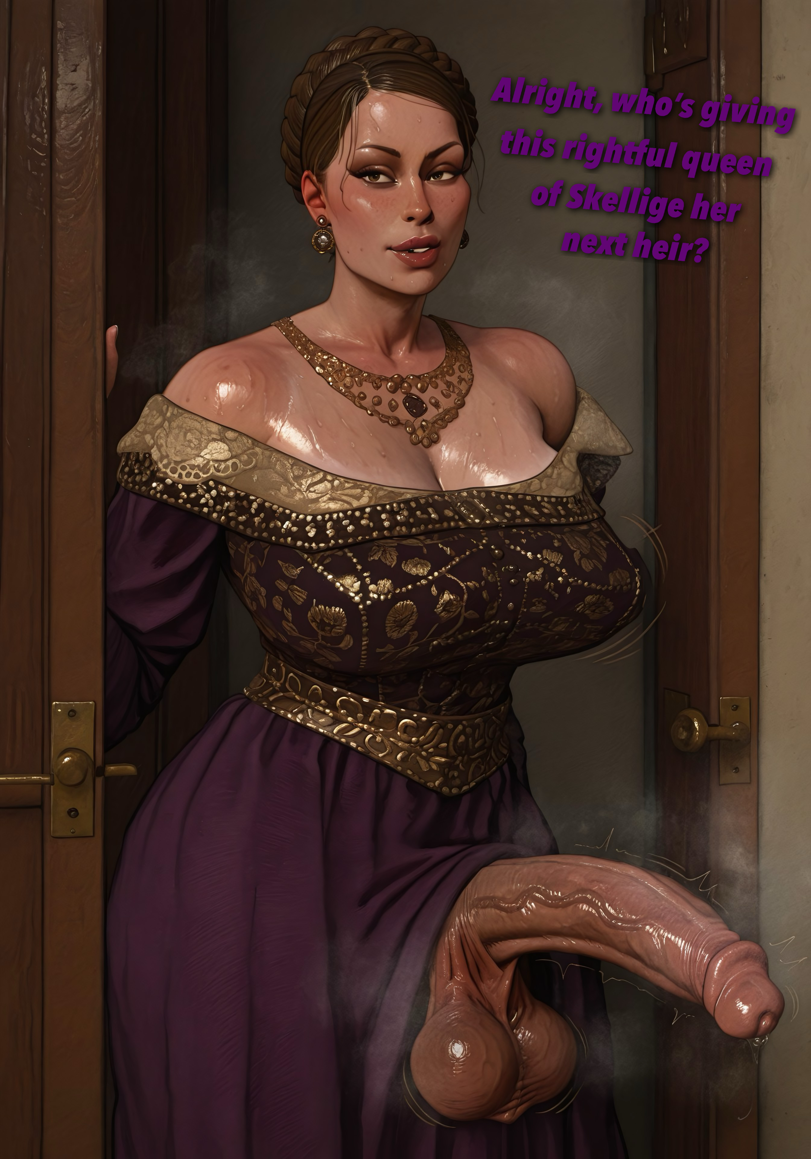 1futa, ai generated, balls, big balls, big breasts, big penis, birna bran, breasts, brown eyes, brown hair, cd projekt red, civitai, dialogue, dress, futa only, futanari, futazealot, huge cock, penis, penis out, solo, the witcher (series), the witcher 3: wild hunt, veiny penis