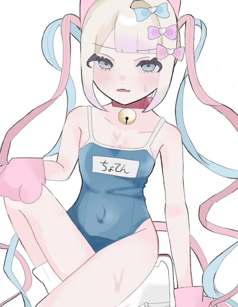 1girls, blue ears, cat ears, cat paws, cat tail, chouzetsusaikawa tenshi-chan, collar, female, female only, hair ornament, japanese swimsuit, kangel, multicolored hair, needy girl overdose, needy streamer overload, one piece swimsuit, staring at viewer, sweat, swimsuit