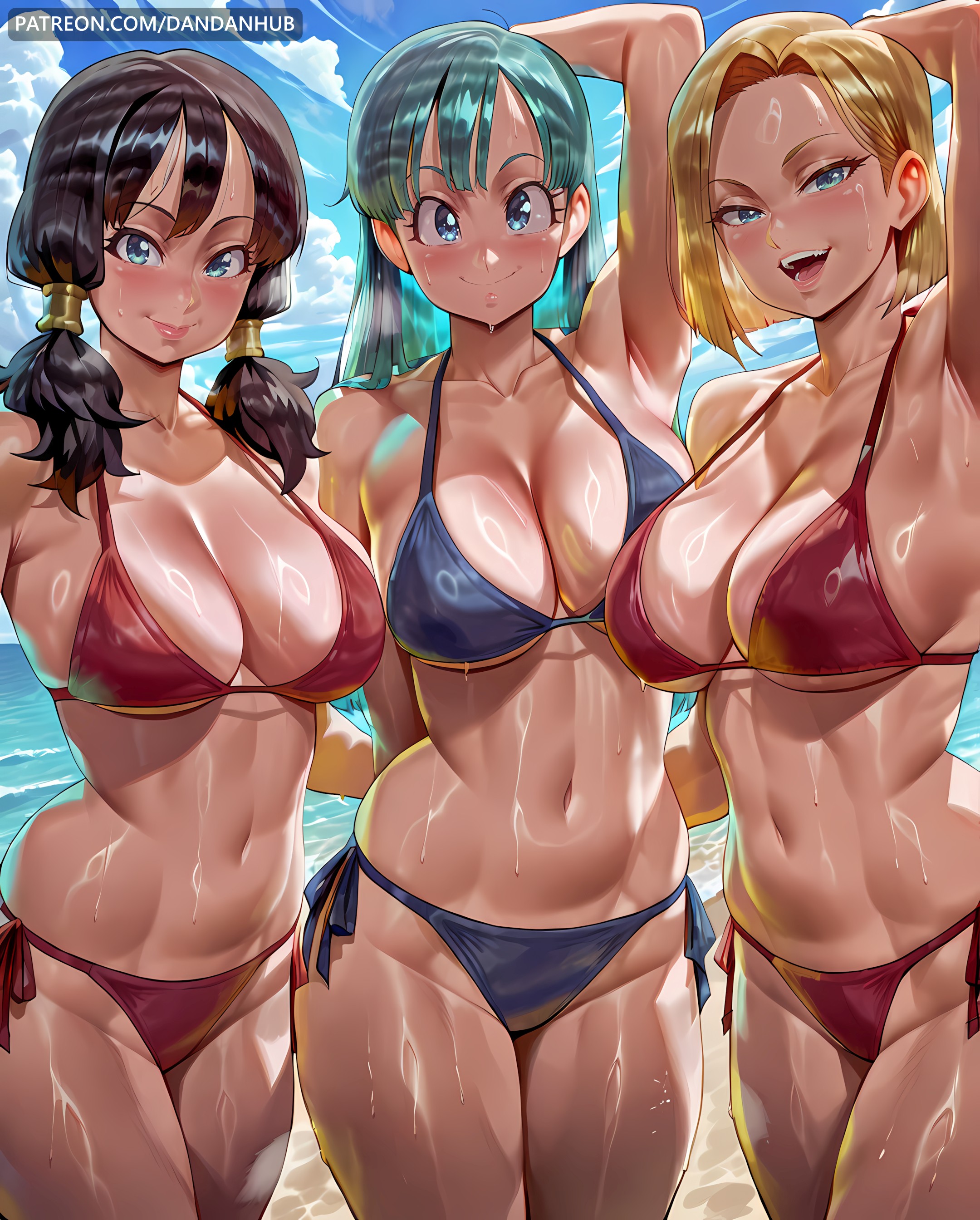 :d, 3girls, ai generated, android 18, aqua hair, arm behind head, arm up, armpits, arms behind back, bangs, beach, bikini, black hair, blonde hair, blue bikini, blue eyes, blue sky, blush, breasts, bulma, bulma (dragon ball), bulma briefs, cleavage, closed mouth, cloud, collarbone, cowboy shot, dandanhub, day, dragon ball, female, female only, large breasts, long hair, looking at viewer, low twintails, medium hair, multiple girls, navel, ocean, open mouth, outdoors, patreon username, red bikini, shiny, short hair, side-tie bikini bottom, sky, smile, standing, stomach, swimsuit, tan, tanlines, toned, twintails, videl, water, wet