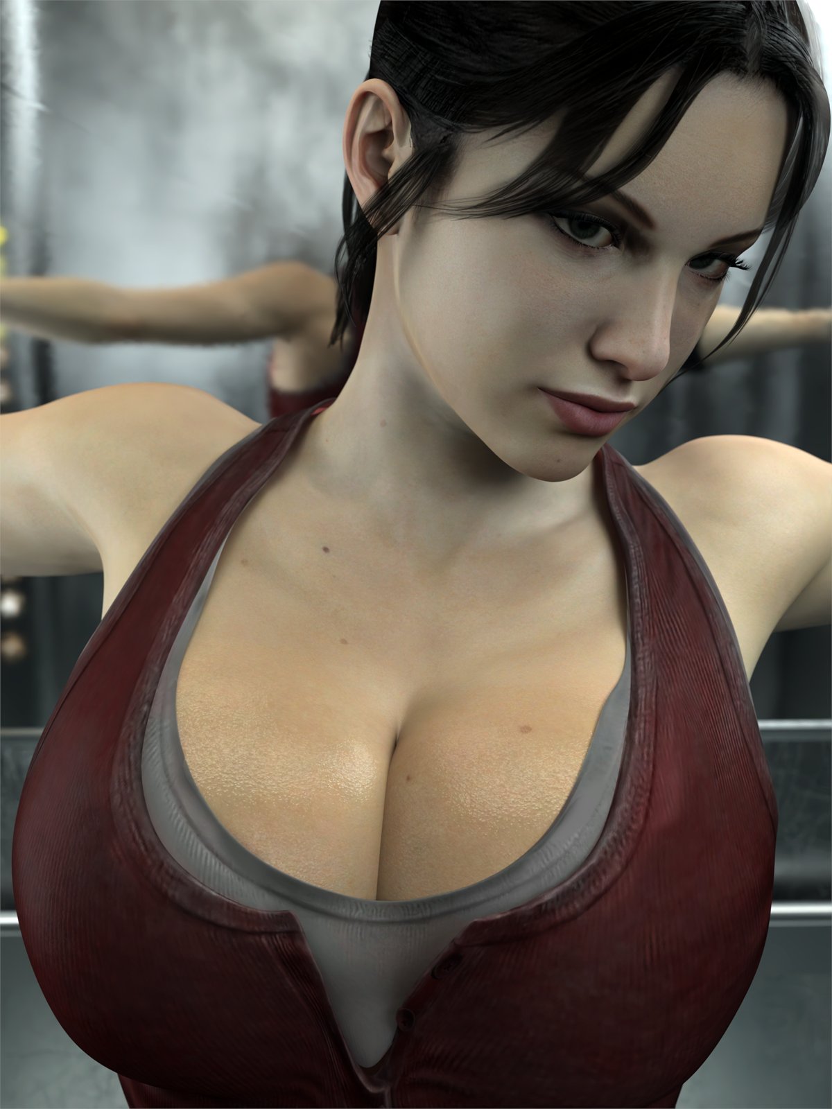 1girls, 3d, arms out, arms up, big boobs, big breasts, big tits, blender, brunette, digital media (artwork), elevator, female, female only, hi res, left 4 dead, left 4 dead (series), looking at viewer, pose, posing, pov, pov eye contact, solo, solo female, sweat, sweating, sweaty, tank top, word2, zoey (left 4 dead)