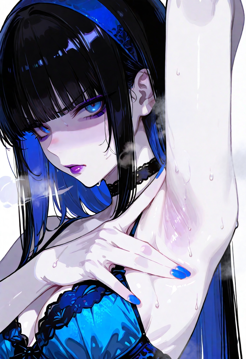 1girl, aetera, after exercise, ai generated, angry, annoyed, arm up, armpit, armpit crease, armpit fetish, armpit focus, armpit sniffing, armpit spread, bare arms, black collar, black hair, blue bra, blue clothing, blue eyes, blue fingernails, blue hair, blue hairband, blue lingerie, blue nails, blunt bangs, body odor, boobs, breasts, breath, breath cloud, colored inner hair, distel (the witchs fabulous cracker show), exhausted, eyeshadow, female, female focus, female only, fetish, hairband, lingerie, lingerie bra, long hair, looking at viewer, makeup, odor, pale skin, pale-skinned female, plump lips, posing for the viewer, presenting armpit, purple eyeshadow, purple lips, purple lipstick, revealing, sexy armpits, sexy pose, shaded face, side view, simple background, smelling, smelly armpits, spread armpit, spreading armpit, steam, steaming body, steamy armpits, straight hair, sweat, sweaty, sweaty armpits, the witchs fabulous cracker show, thick lips, tits, underwear, upper body, white background