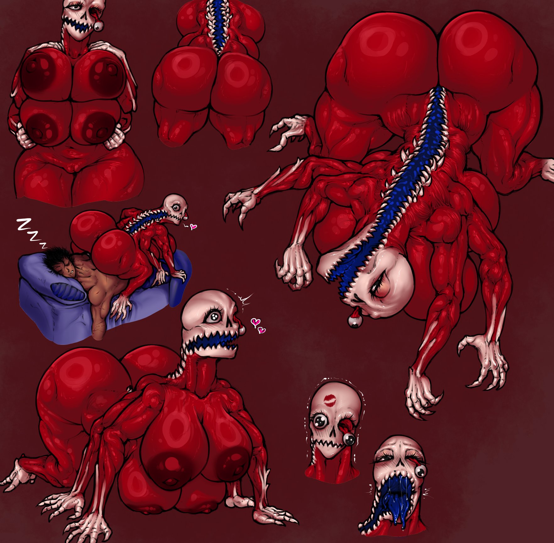 <3, 1boy, 1girls, 4 arms, 4 breasts, areolae, ass, bending over, bent over, big areola, big breasts, breasts, bubble ass, bubble butt, busty, creepy, dat ass, digital media (artwork), dumptruck ass, enormous ass, enormous breasts, exposed muscle, fat ass, giant ass, giant breasts, gigantic ass, gigantic breasts, horror, huge ass, huge breasts, large ass, large breasts, look outside, massive ass, massive breasts, monster, monster girl, mouth open, multi breast, multiple images, nightmare fuel, nightmare waifu, pussy, red body, sai0nhik4ri, scary, simple background, sitting on person, skinless, skull, skull head, sleeping, somnophilia, spine (look outside), voluptuous, voluptuous female