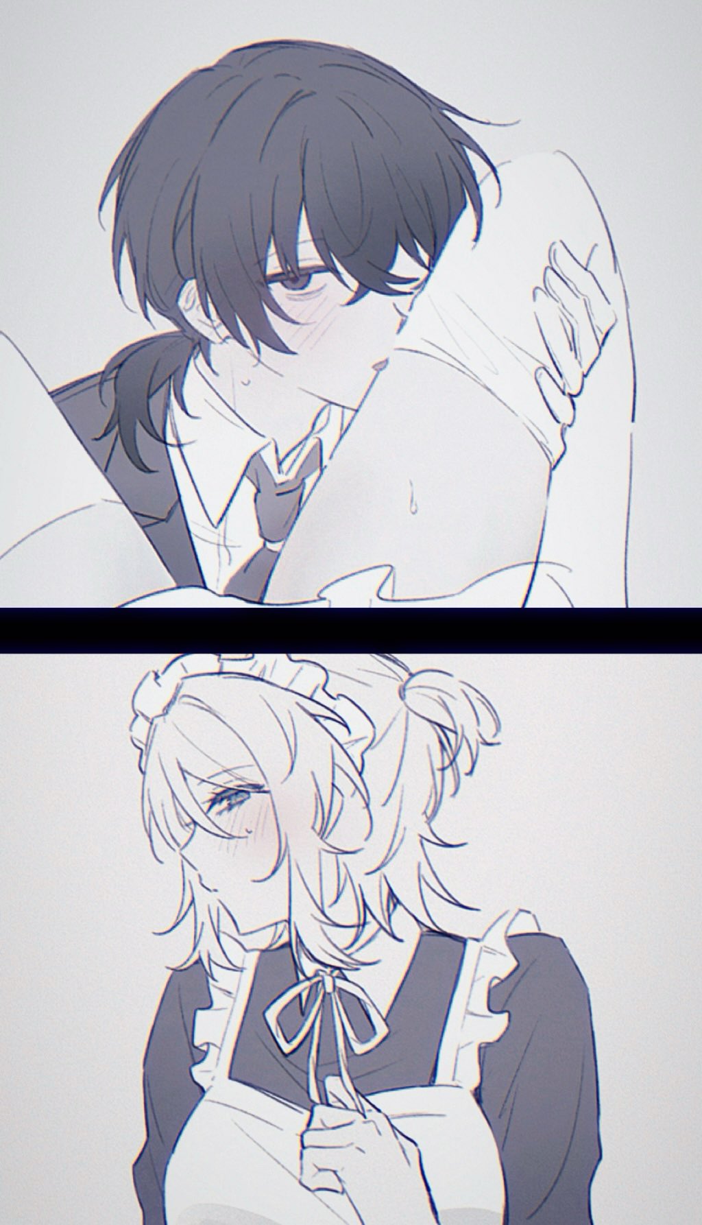 1boy1girl, 2026, artist request, black hair, black hair male, blushing, digital media (artwork), faust (limbus company), hair tied back, hetero, holding another's leg, licking another, licking thigh, limbus company, looking at partner, maid, maid headdress, maid outfit, maid uniform, male/female, maledom/femsub, monochrome, no visible genitalia, project moon, shipping, shy, shy female, stockings, straight, white gloves, white hair, white hair female, white stockings, yi sang (limbus company)