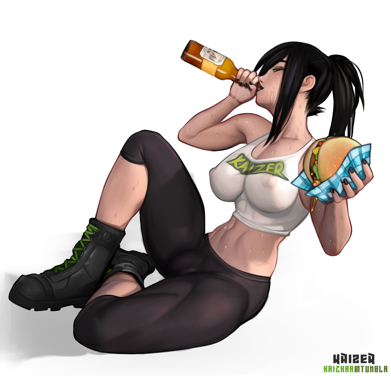 1futa, abs, black hair, bulge, burger, cameltail, covered nipples, drinking, erect nipples, food, futa only, futanari, intersex, kaizar, nipples, ponytail, sitting, solo, spandex, sweat, tank top, tied hair, tight clothes