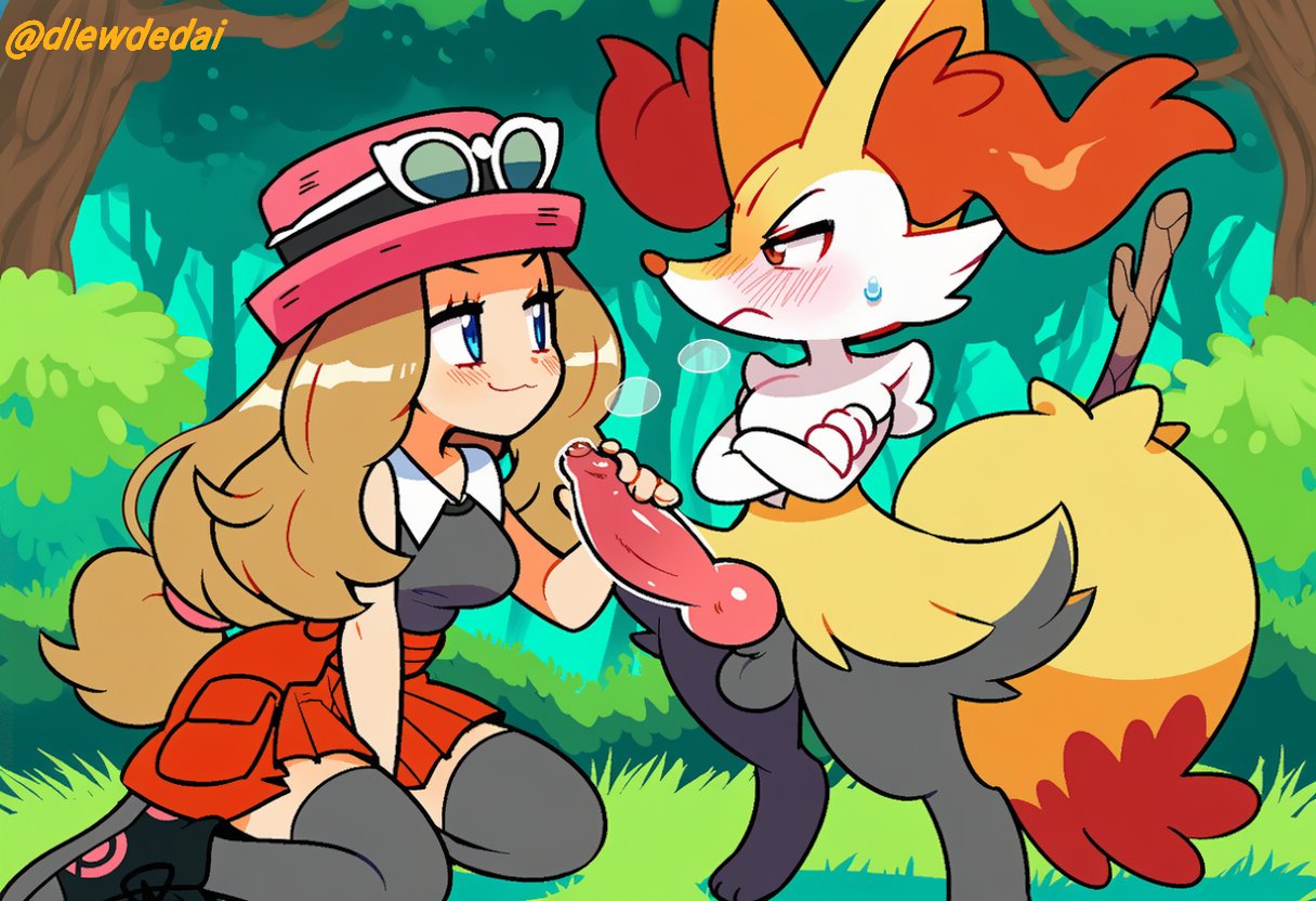 1boy, 1girls, ai assisted, ai generated, braixen, dlewdedai, handjob, male braixen, pokemon, pokephilia, serena (pokemon), tsundere