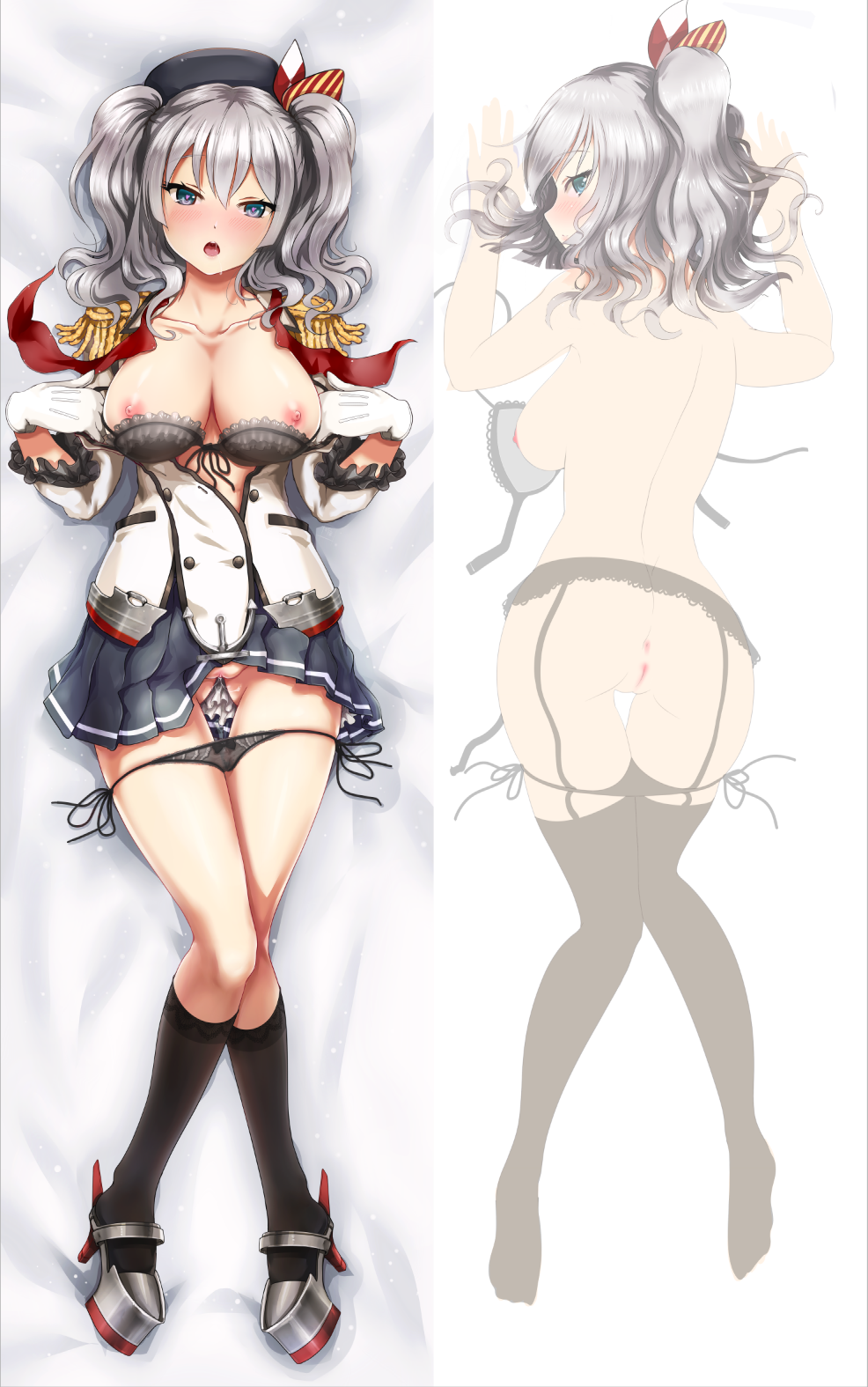 ass ass_visible_through_thighs blue_eyes breasts chunyan dakimakura epaulettes female garter_straps heart heart-shaped_pupils highres kantai_collection kashima_(kantai_collection) kupaa large_breasts nipples panties panty_pull pussy silver_hair sketch solo spread_pussy symbol-shaped_pupils thighhighs tied_hair twintails underwear wavy_hair