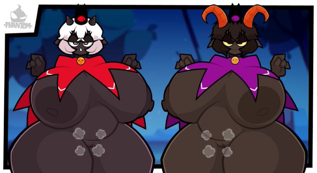 2girls, big breasts, cape, curvy, goat (cult of the lamb), goat girl, huge breasts, lamb (cult of the lamb), phantomsempai, red crown (cult of the lamb), sheep girl, slightly chubby, voluptuous, wide hips