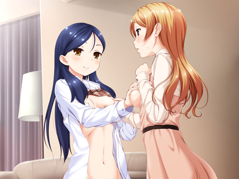 2girls aida_takanobu blonde_hair blue_hair blush bra bra_lift breast_grab breasts breasts_out brown_eyes embarrassed eyebrows eyebrows_visible_through_hair female game_cg highres indoors large_breasts long_hair long_sleeves looking_at_another multiple_girls navel open_clothes parted_lips peko smile sono_hanabira_ni_kuchizuke_wo standing tears unbuttoned yellow_eyes yuri