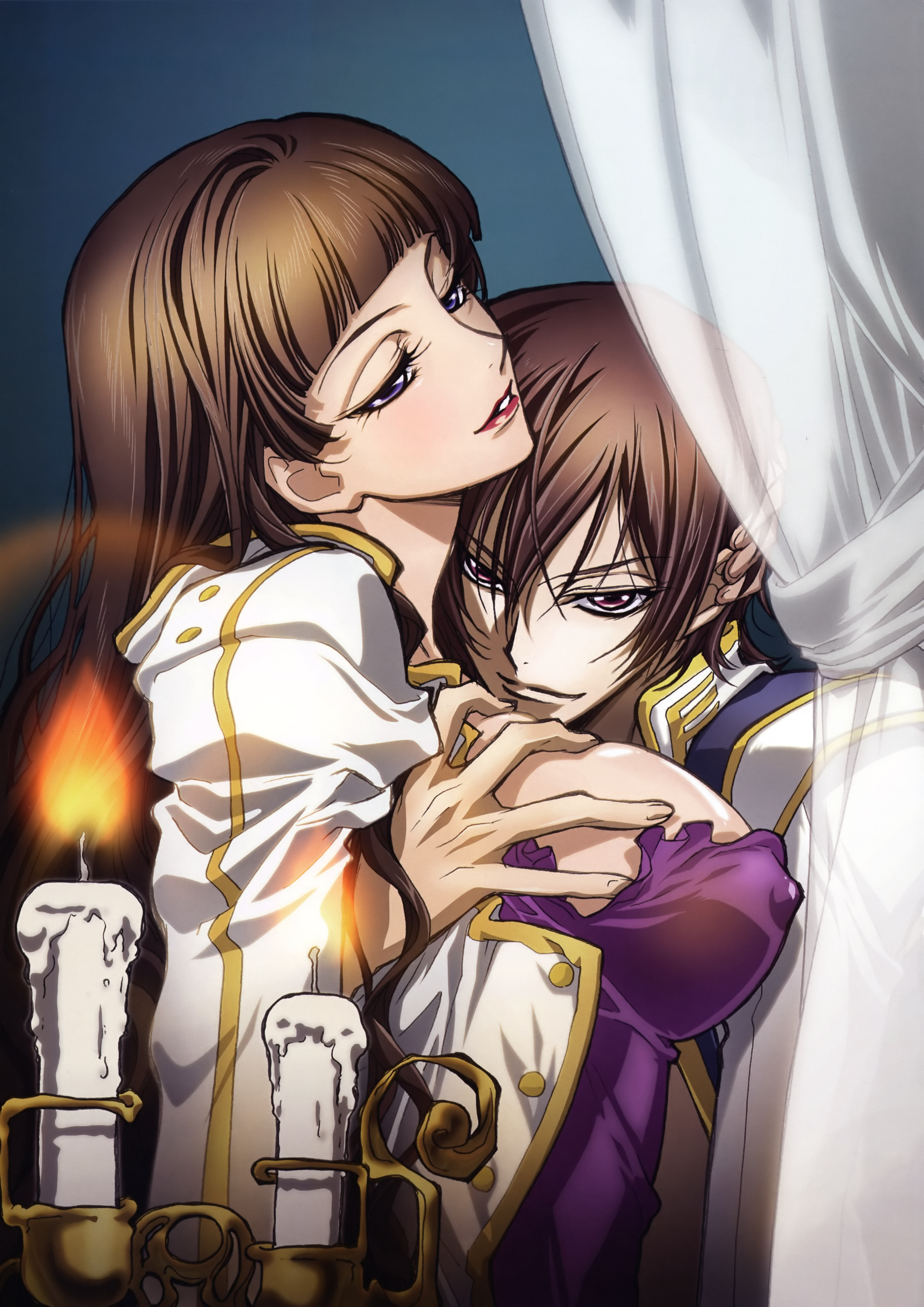 1boy, 1girl, blush, breasts, brown hair, candle, code geass, covered nipples, grabbing another's breast, groping, hetero, incest, large breasts, lelouch lamperouge, lelouch vi britannia, lipstick, long hair, makeup, marianne vi britannia, mother and child, mother and son, nakajima atsuko, parent and child, purple eyes