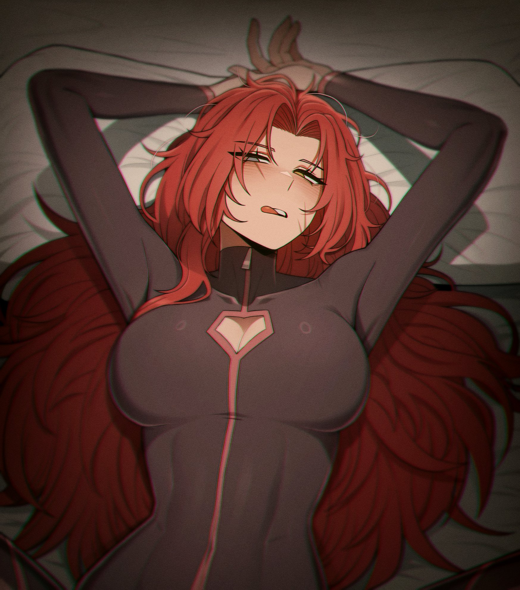 abs, abs visible through clothing, armpits, arms up, bed, big breasts, biting tongue, blush, bodysuit, boob window, breast window, breasts, cleavage, cleavage cutout, clothed, eye contact, female, fit female, gebura (lobotomy corporation), gebura (project moon), heterochromia, in bed, large breasts, laying down, laying on bed, laying on pillow, leg lock, lobotomy corporation, long hair, messy hair, misg1111, pillow, pov, pov eye contact, project moon, red hair, skintight, skintight bodysuit, suggestive, teeth, tight clothing, tongue, tongue bite, tongue out, yellow eyes