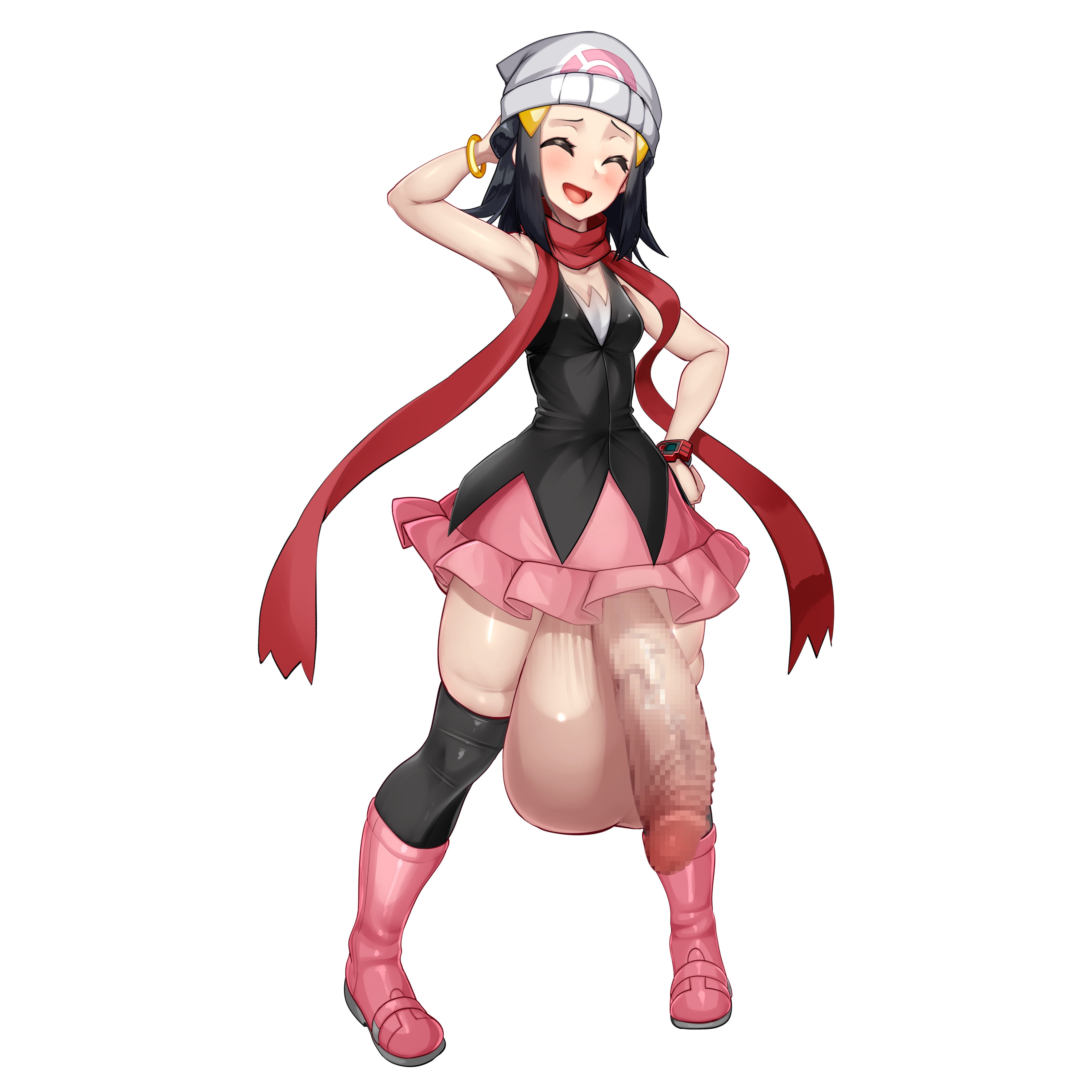 1futa, armband, awkward smile, black legwear, blue hair, cape, dawn (pokemon), futanari, hikari (pokemon), huge balls, huge cock, kawahagitei, long hair, miniskirt, penis bigger than torso, penis under clothes, penis under skirt, pink boots, pokemon, scarf, skirt, small breasts, smaller futa, solo, solo futa, stockings, thigh boots, topwear
