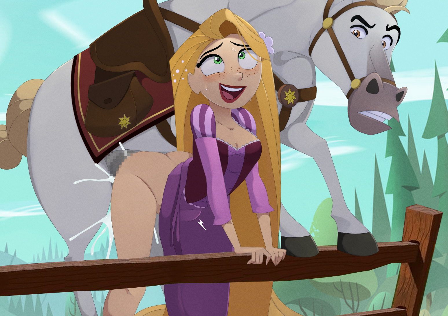 1animal, 1boy, 1girls, 1horse, 2d, absurdly long hair, accurate art style, ass, bestiality, big ass, big butt, biocrine, blonde hair, blush, bodily fluids, bottomless skirt, breasts, clothed, clothed female, clothed sex, clothing, cum, cum inside, disney, disney princess, doggy style, dominant feral, dress, dress around waist, duo, equid, equine, female, female human/male feral, female on feral, female penetrated, femsub, feral, feral on female, feral on human, feral penetrating, feral penetrating human, freckles, freckles on face, genital fluids, genitals, green eyes, hair, hetero, horse, horse on female, human, human female, human on feral, human penetrated, interspecies, leaning forward, light skin, light-skinned female, long hair, loving it, male, male penetrating, male penetrating female, male/female, maledom, mammal, maximus (tangled), no panties, outdoor sex, outdoors, penetration, penis, pleasure face, princess, rapunzel, royalty, sex, sex from behind, stomach bulge, sweat, sweatdrop, tangled, tangled: the series, tree, zoophilia