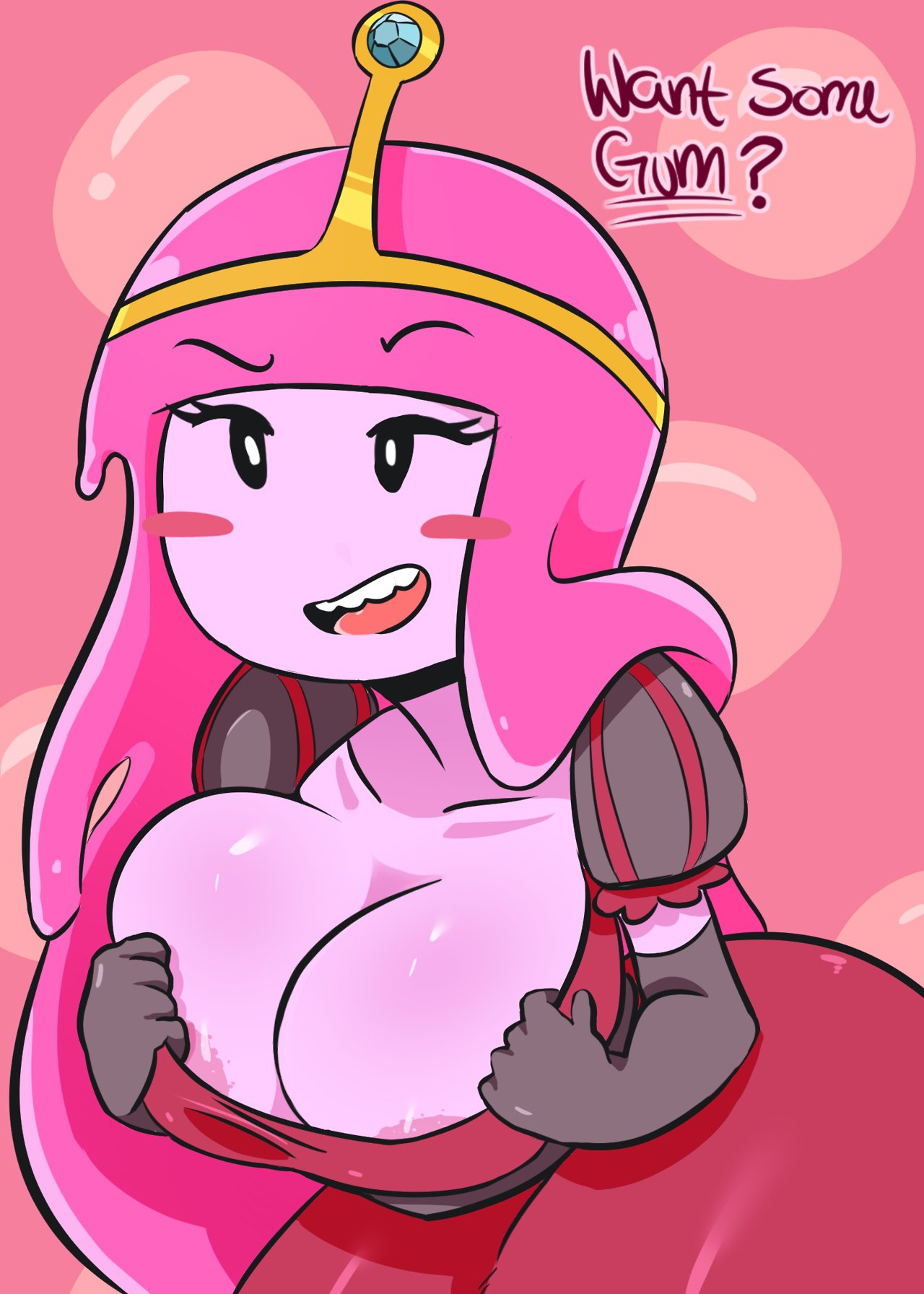 2018, adventure time, areola, areola slip, areolae, areolae slip, big ass, big breasts, blush, blush lines, blushing, bubblegum, cartoon network, darkprincess04, dress, female, female only, gloves, grabbing own breast, long hair, offering, pink breasts, pink hair, princess, princess bubblegum, text, thick hips, thick thighs