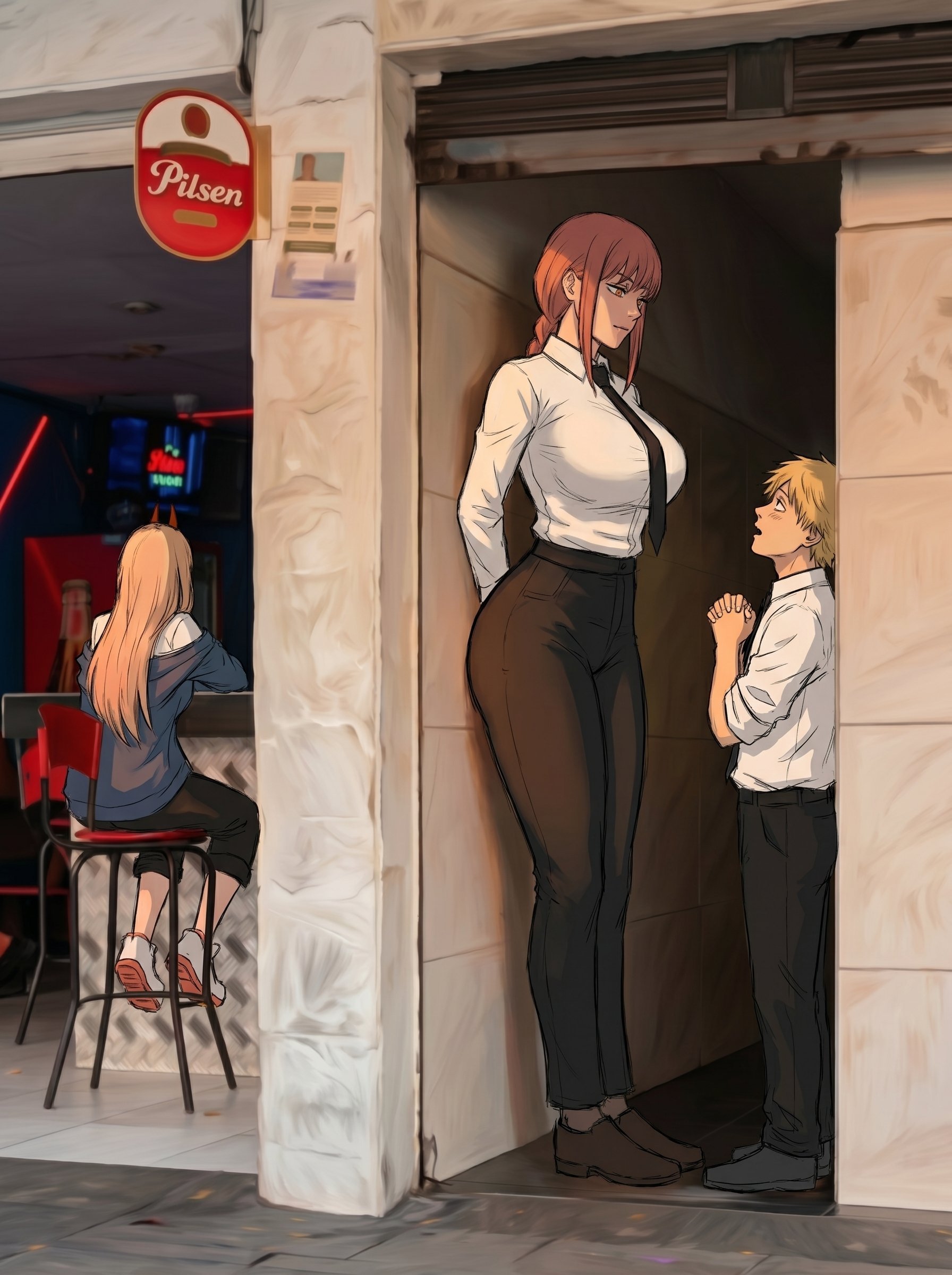 1boy, 2girls, alleyway milf (meme), bigger male, chainsaw man, clothed, clothed female, clothed male, colombia, denji (chainsaw man), dewspire, female, height difference, larger female, makima (chainsaw man), male, medellin, colombia, meme, meme reference, pilsen callao, power (chainsaw man), shorter female, shorter male, size difference, smaller female, smaller male, taller female, taller girl, taller woman